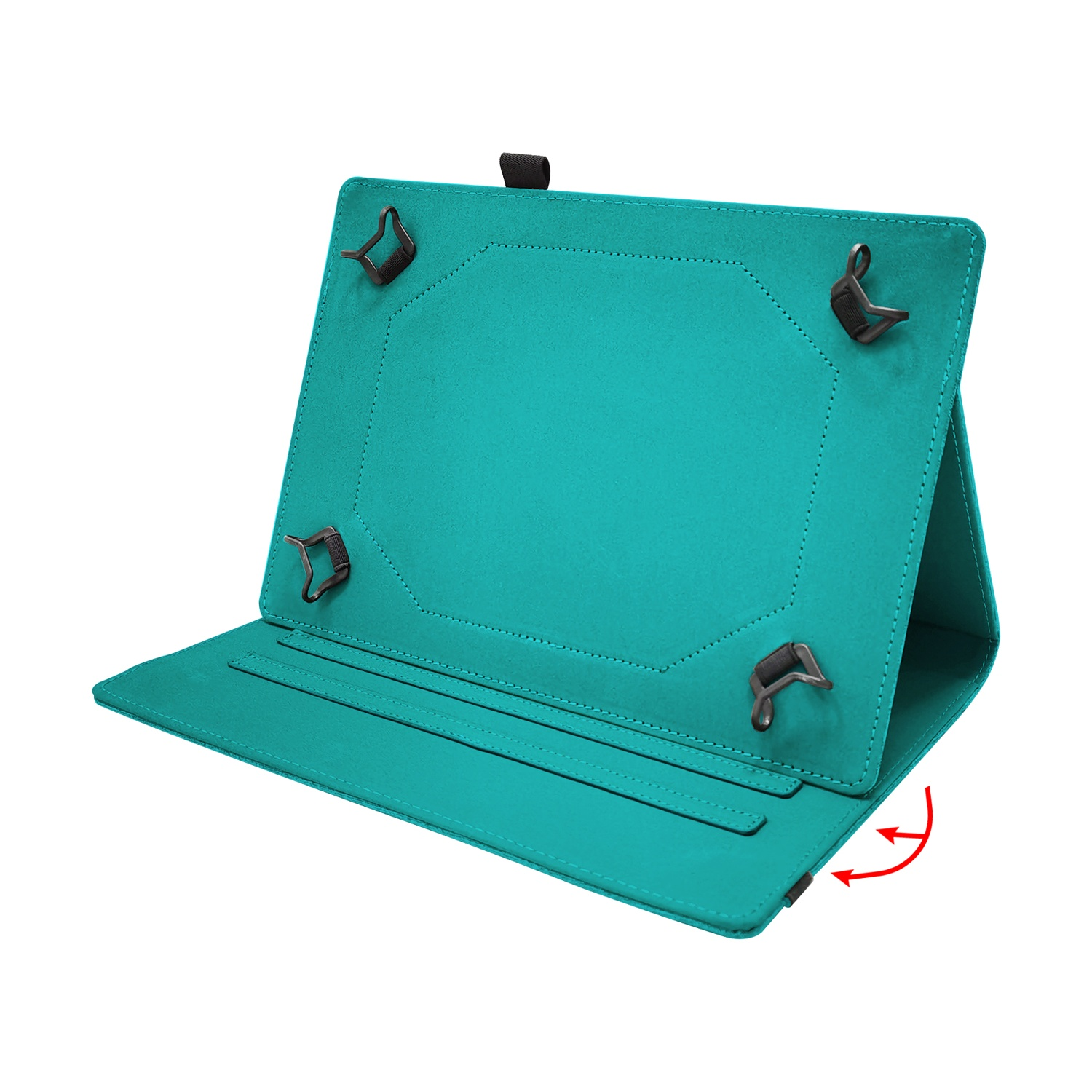 Custodia per tablet turchese con quattro clip nere agli angoli e funzione supporto su sfondo bianco.
