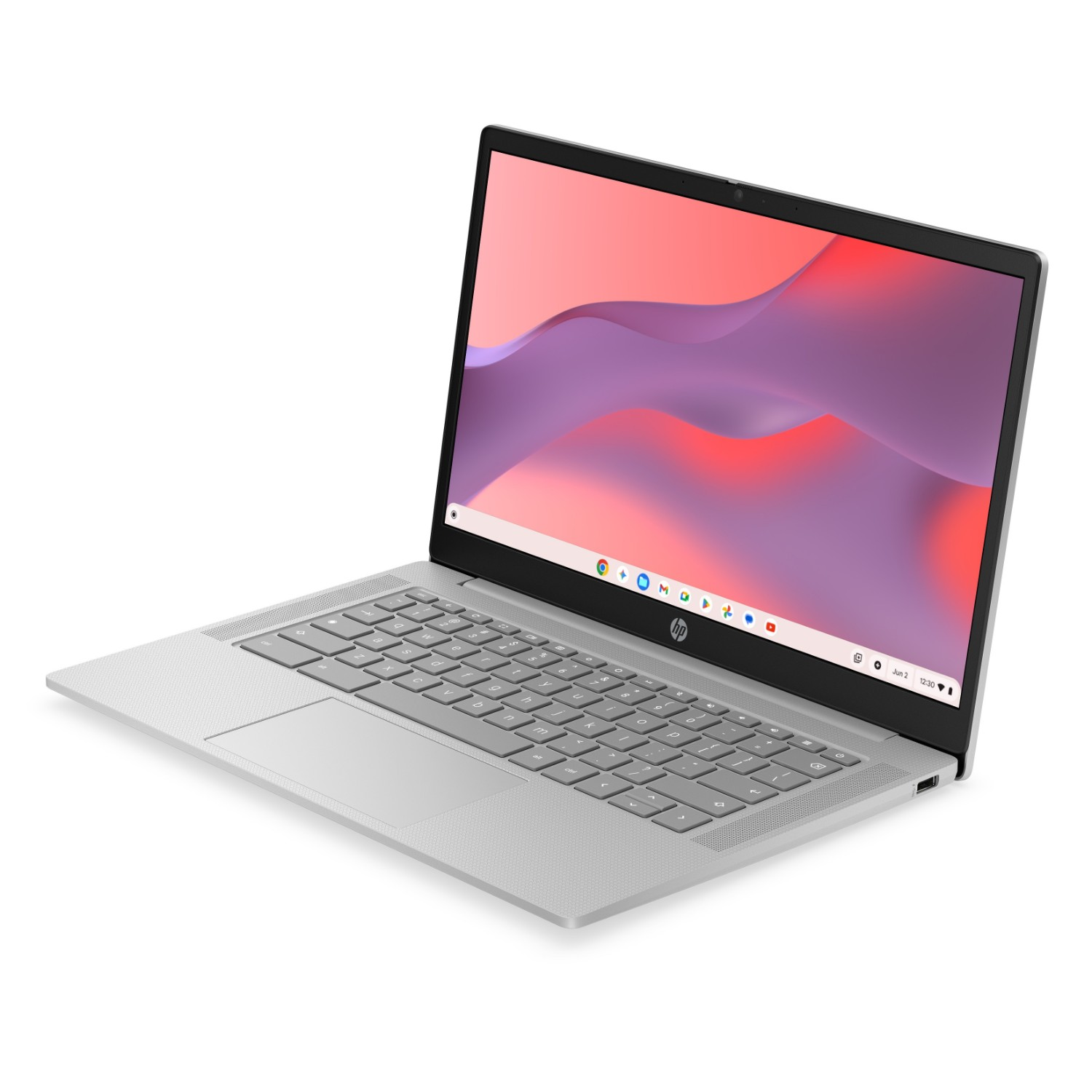 Un computer portatile argentato aperto su sfondo bianco con uno sfondo colorato.