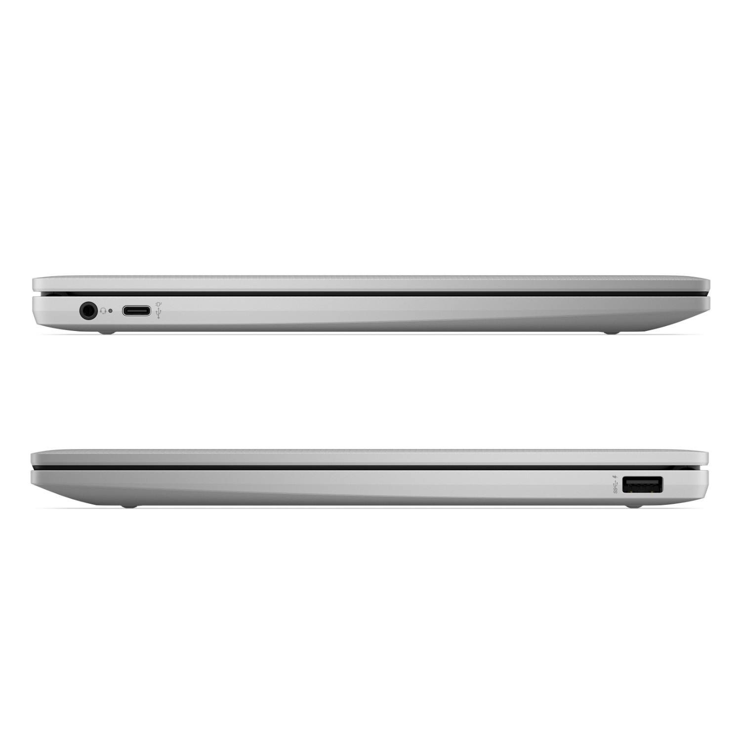 Viste laterali di un laptop argentato chiuso con porte audio e USB.