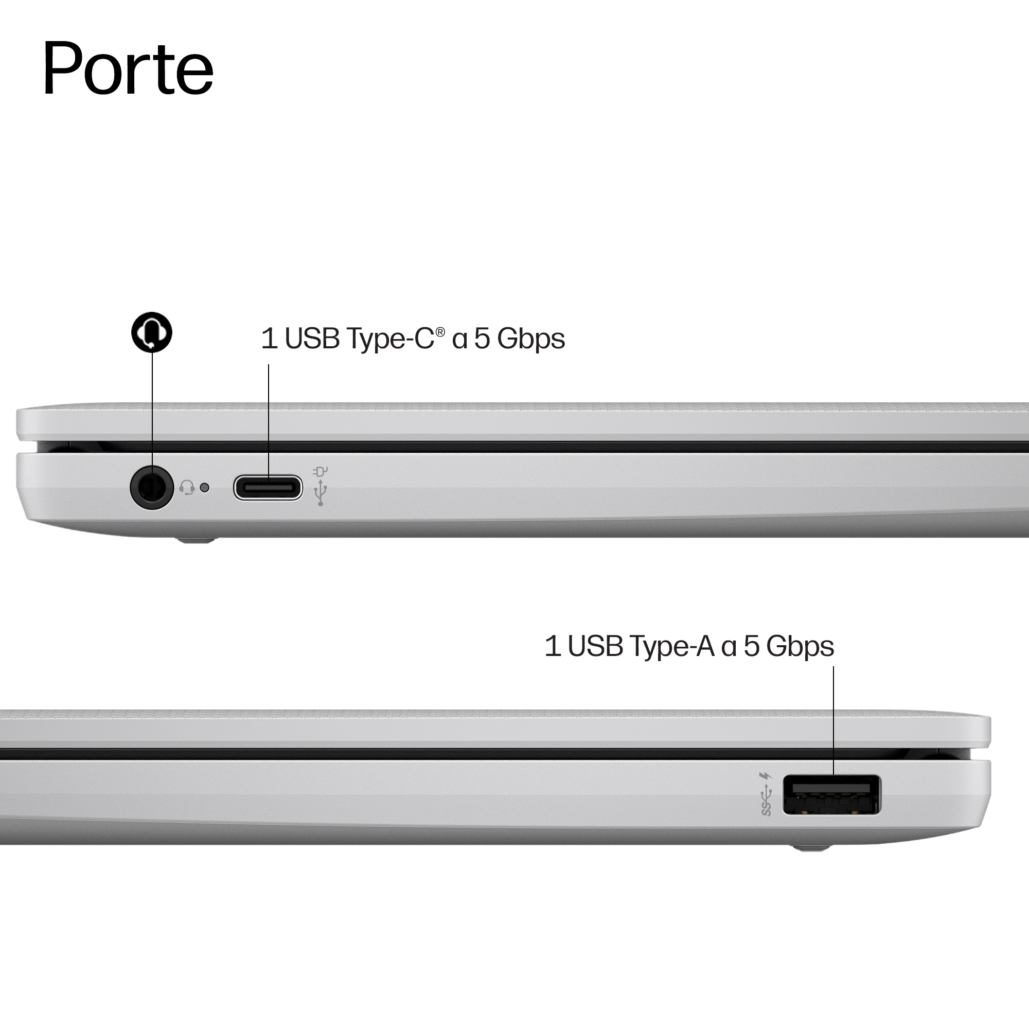 Vista laterale di un laptop con jack audio, porte USB-C e USB-A.