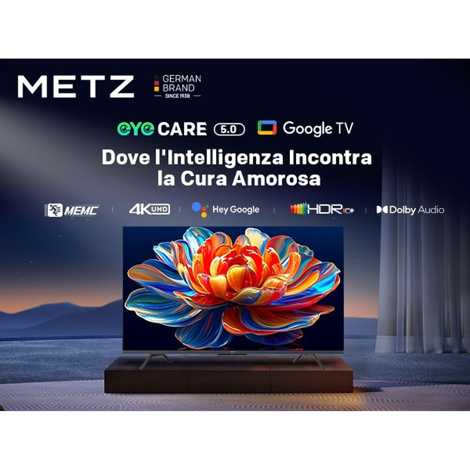 Televisor Metz que muestra una colorida imagen de flor floreciendo en pantalla en una habitación tenuemente iluminada.