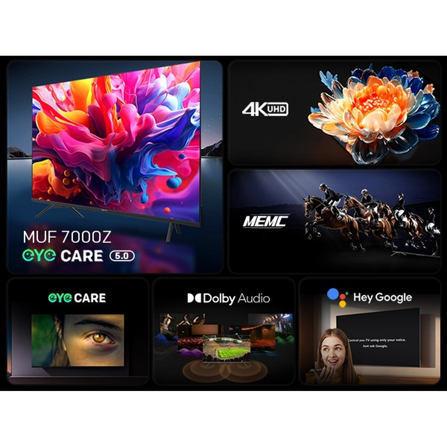 Una cuadrícula promocional muestra funciones de TV MUF 7000Z como 4K UHD, MEMC, Eye Care, Dolby Audio y Hey Google.