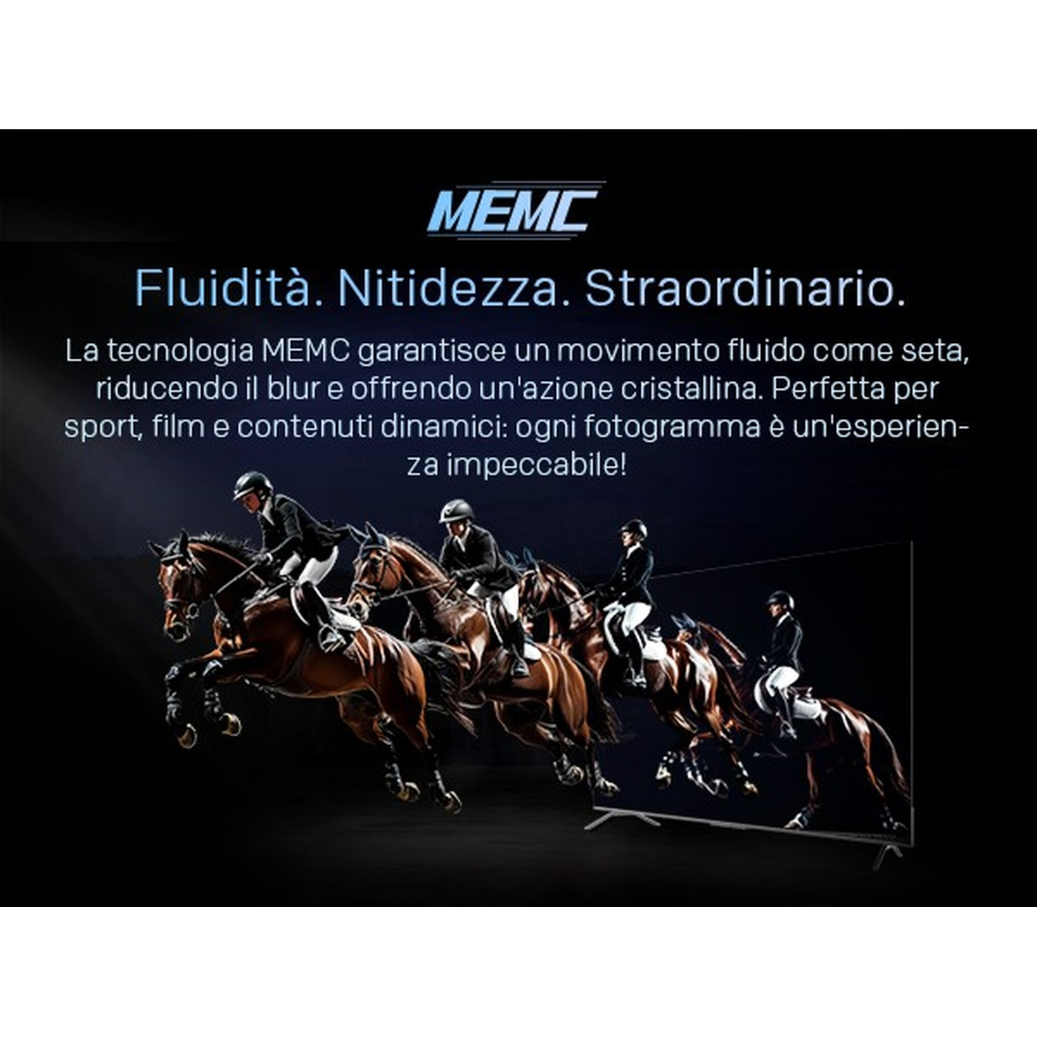 Un anuncio de tecnología MEMC que muestra jinetes saltando a través de una pantalla de televisión.