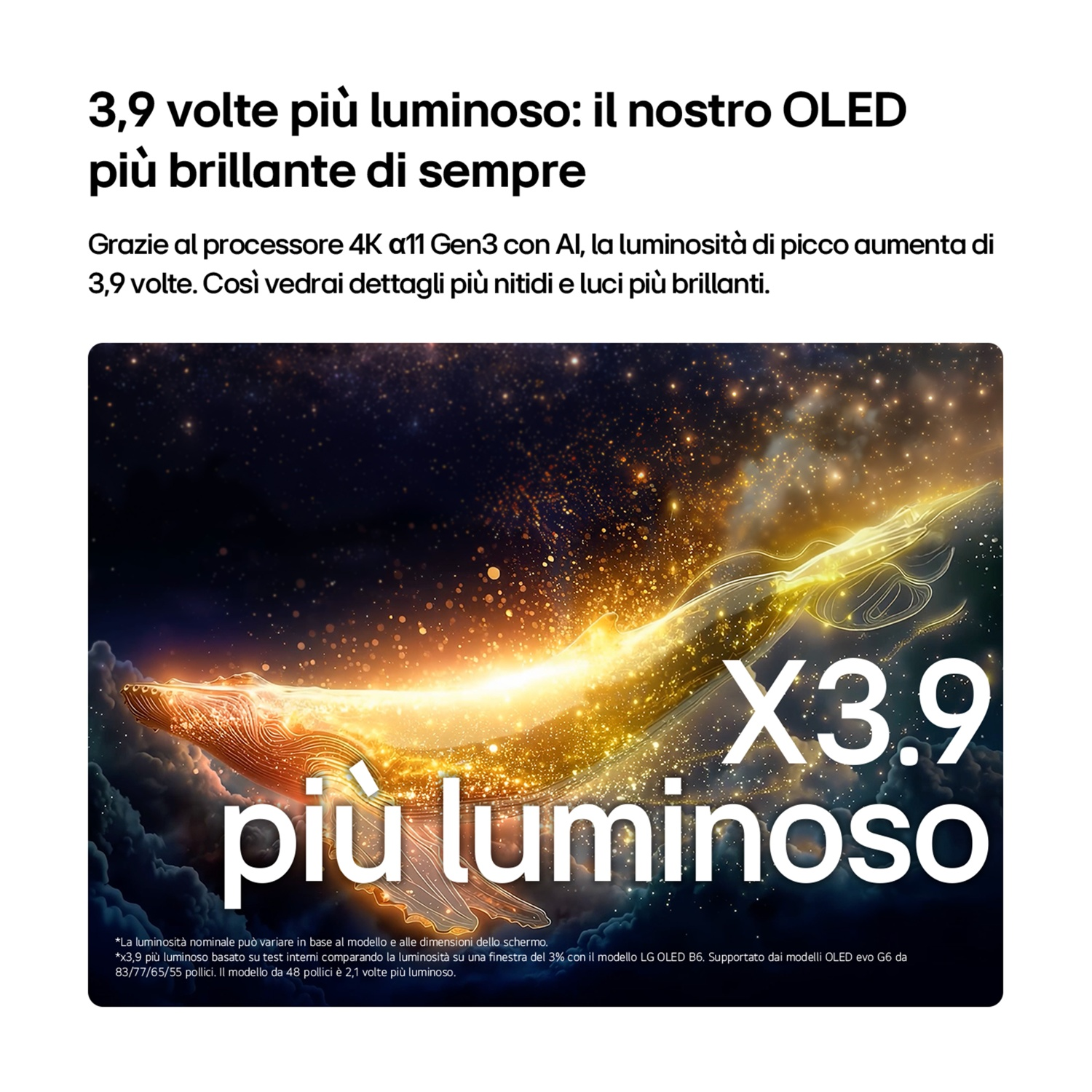 Immagine promozionale per un display OLED più luminoso con una balena luminosa e testo in italiano.