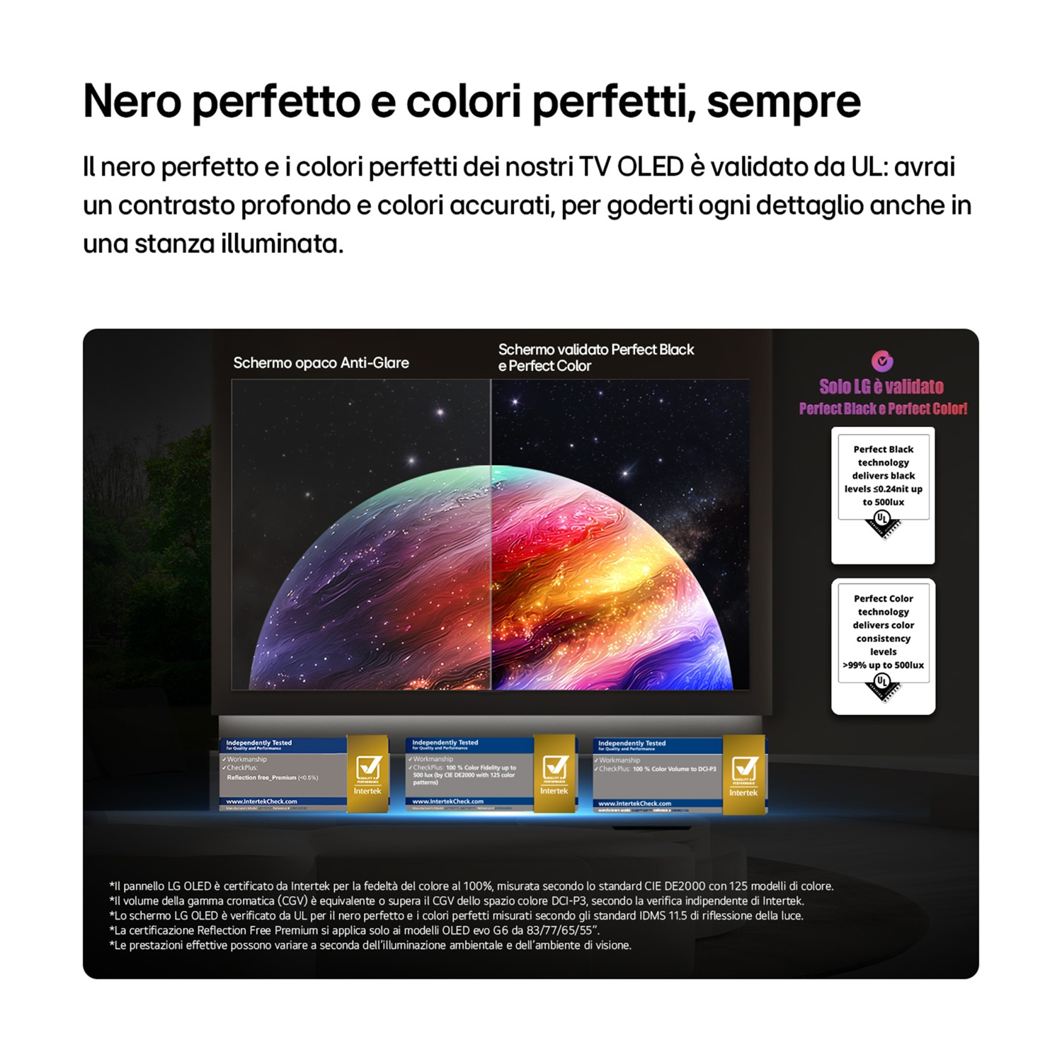 Una TV OLED mostra una nebulosa, confrontando schermo antiriflesso e tecnologie di colore perfetto.