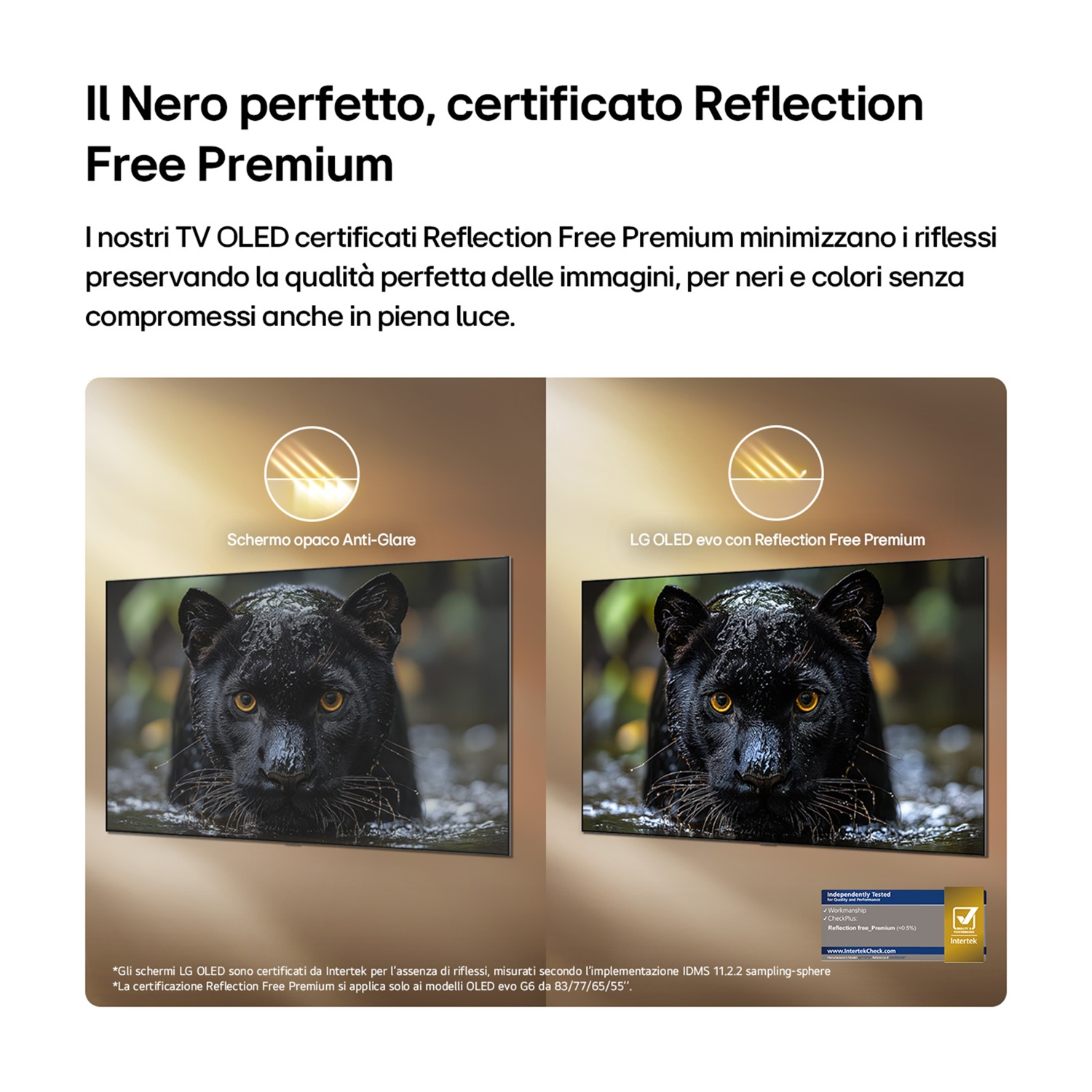 Confronto tra due TV LG OLED con pantera nera sullo schermo e certificazione antiriflesso.