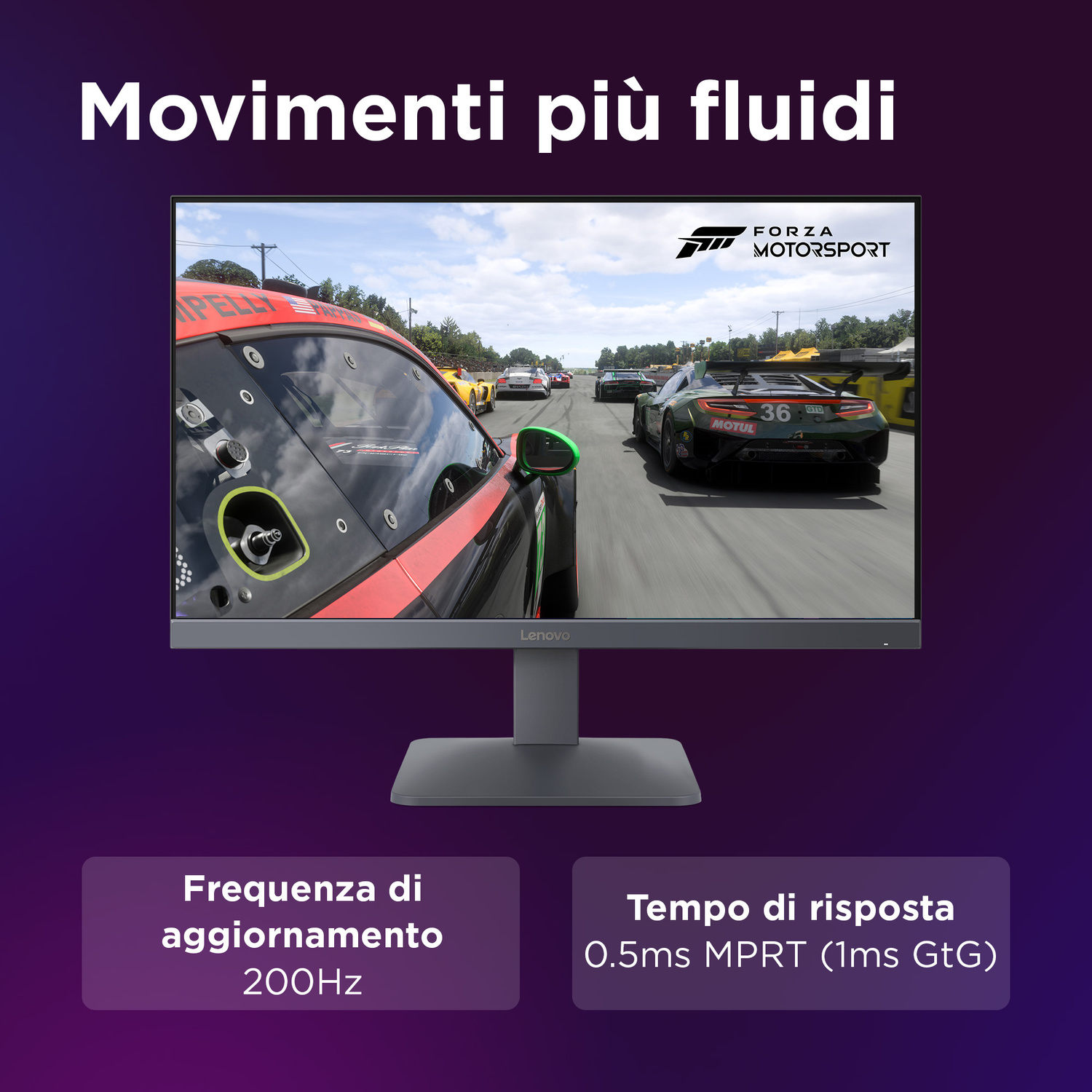 Un monitor gaming de Lenovo muestra un juego de carreras con texto sobre movimientos fluidos, tasa de refresco de 200Hz y 0.5ms.