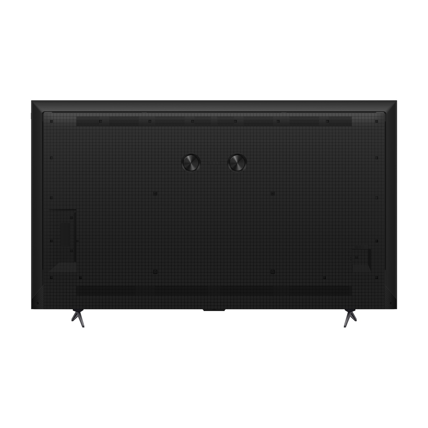 La parte trasera de un televisor moderno de pantalla plana negro con soportes en V sobre fondo blanco.