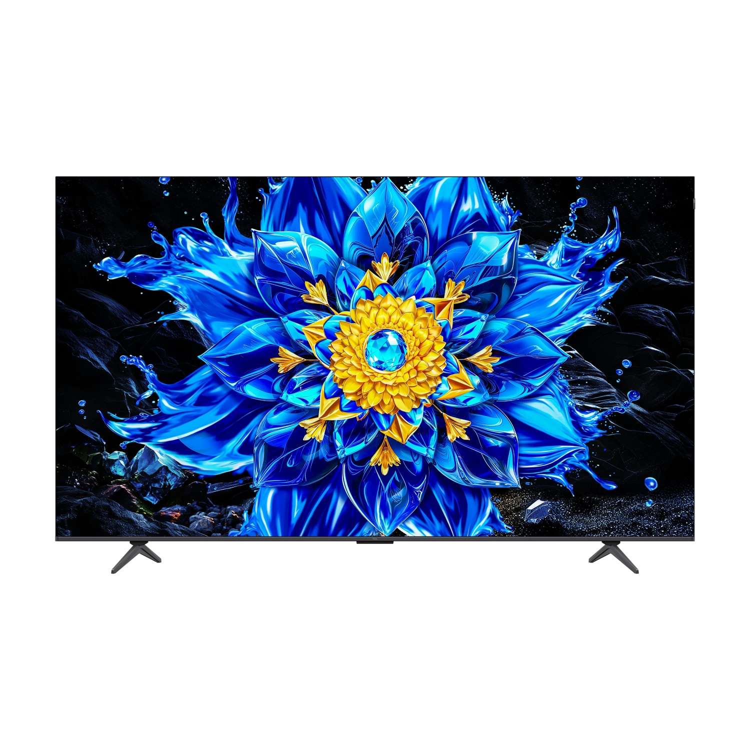 Un televisor de pantalla plana muestra un patrón floral azul y amarillo sobre fondo negro.