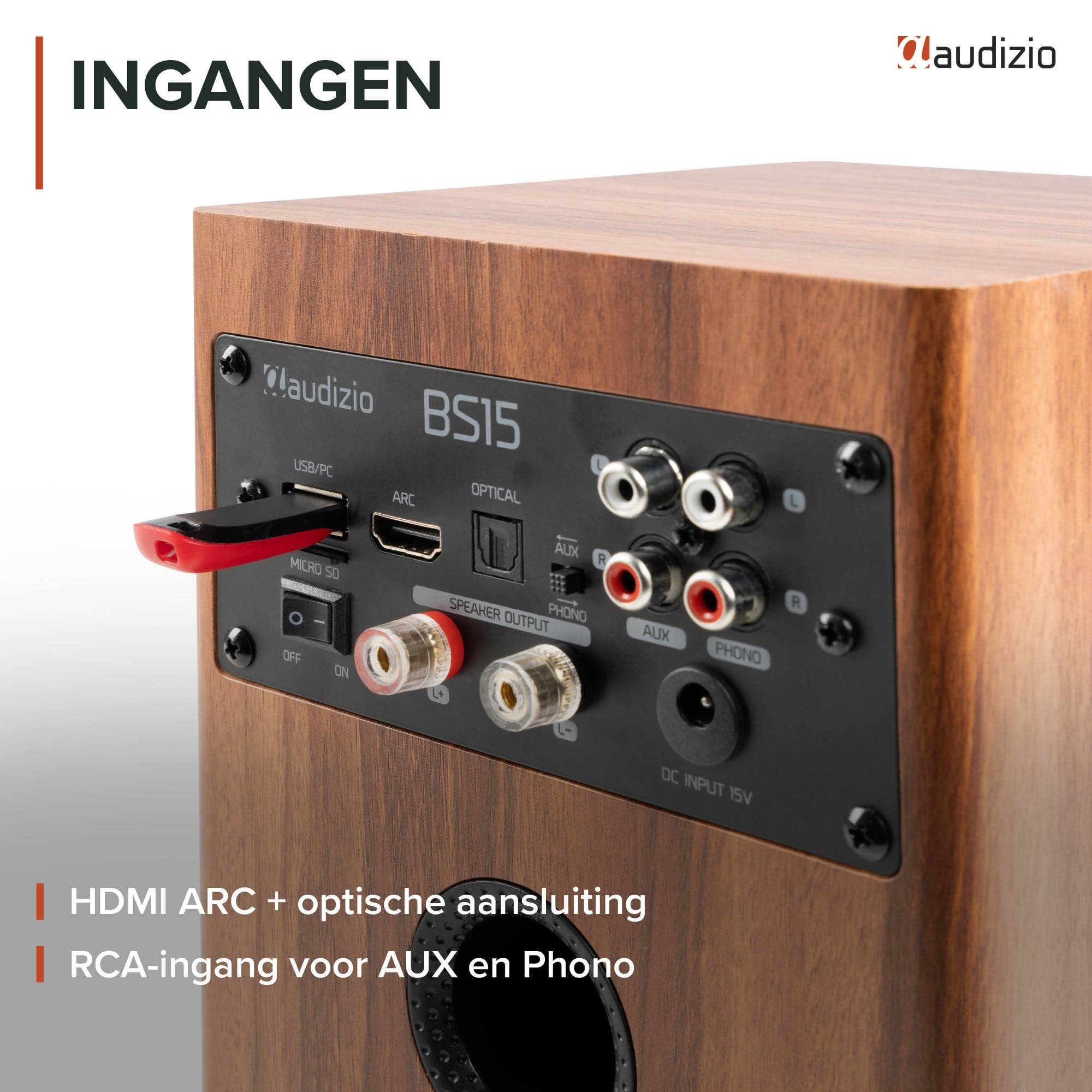Panel trasero de un altavoz de madera Audizio BS15 que muestra entradas USB, HDMI ARC, ópticas, RCA y interruptor.