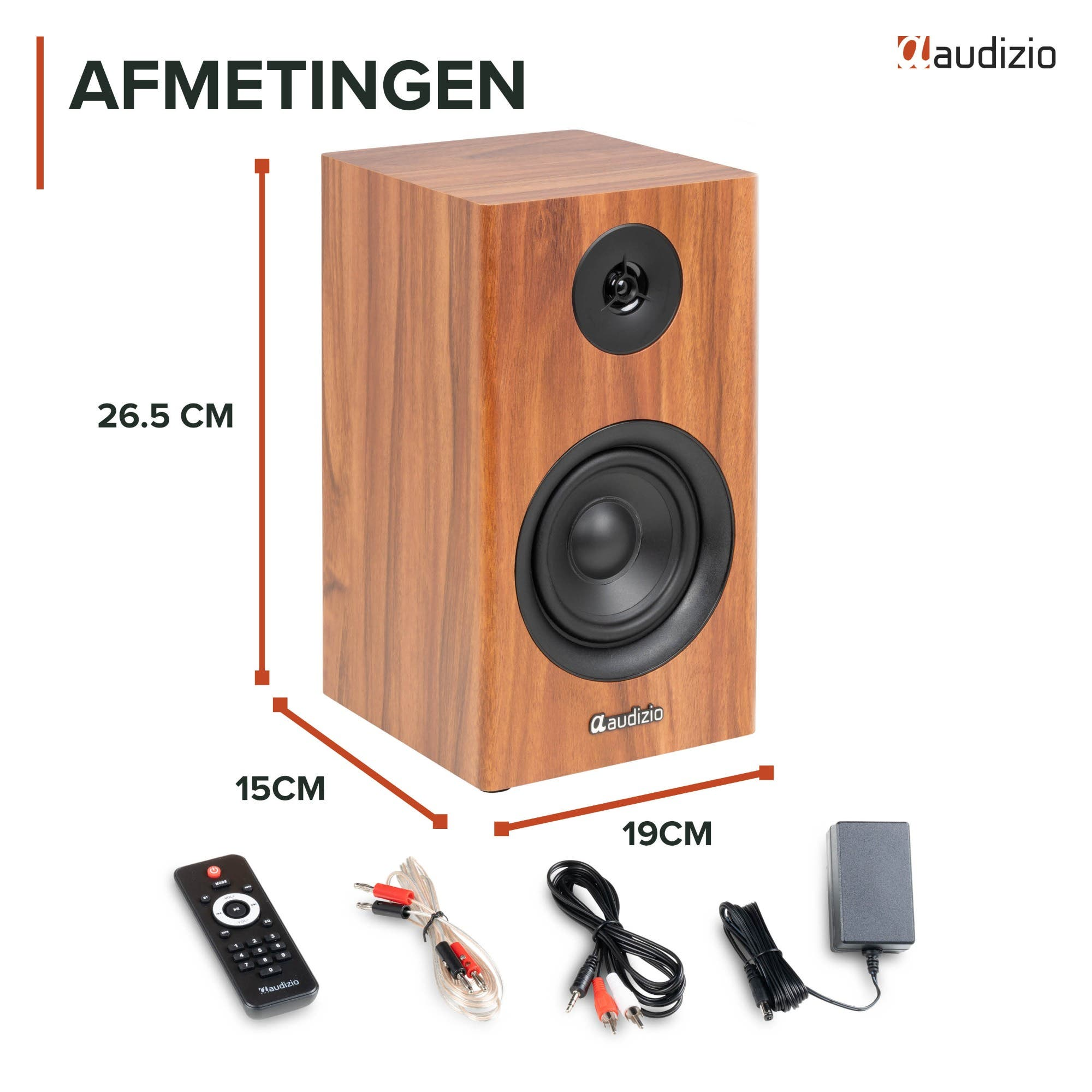 Altavoz Audizio de madera con dimensiones (26.5x15x19cm), control remoto, cables y adaptador de corriente.