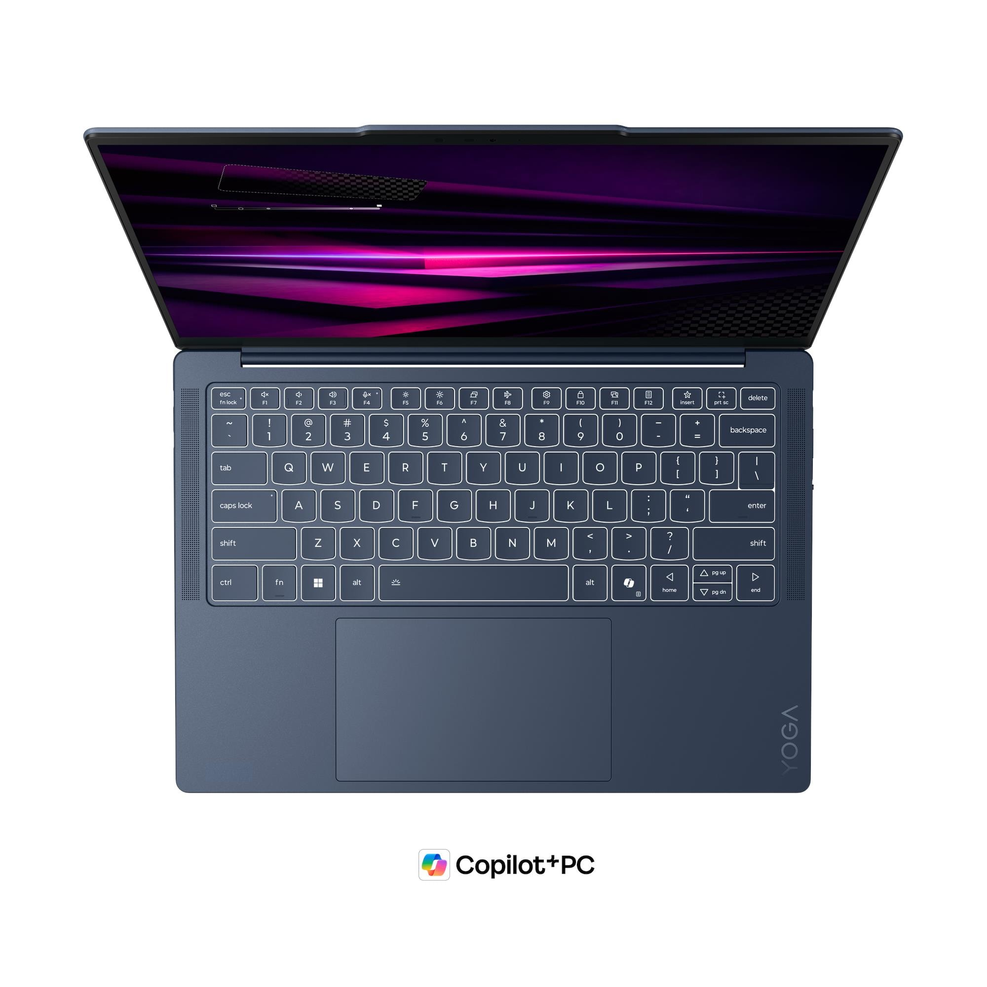 Vista dall'alto di un laptop blu aperto con tastiera illuminata e uno schermo che mostra uno sfondo astratto viola e nero.