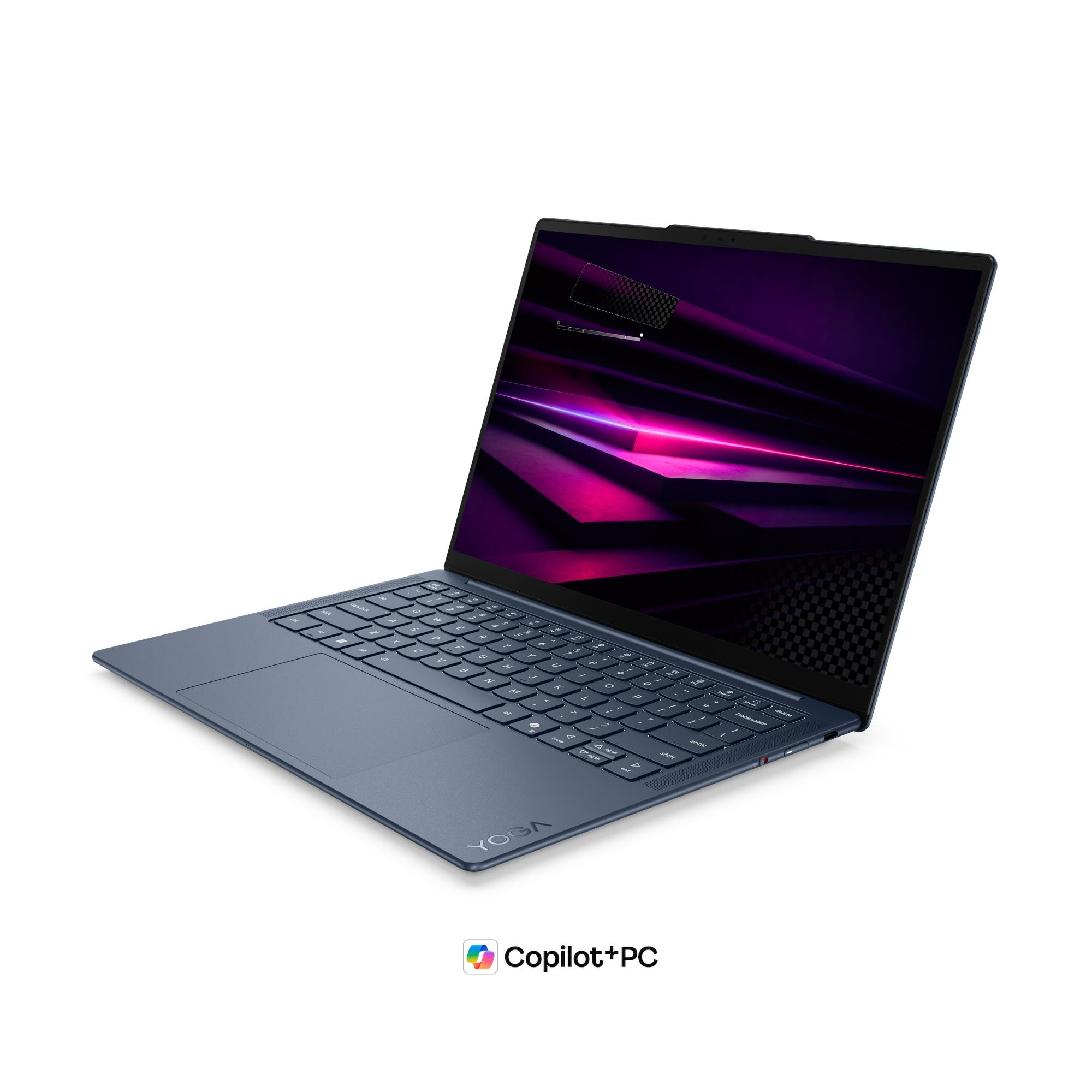 Laptop Yoga blu con schermo viola astratto e logo Copilot+PC.