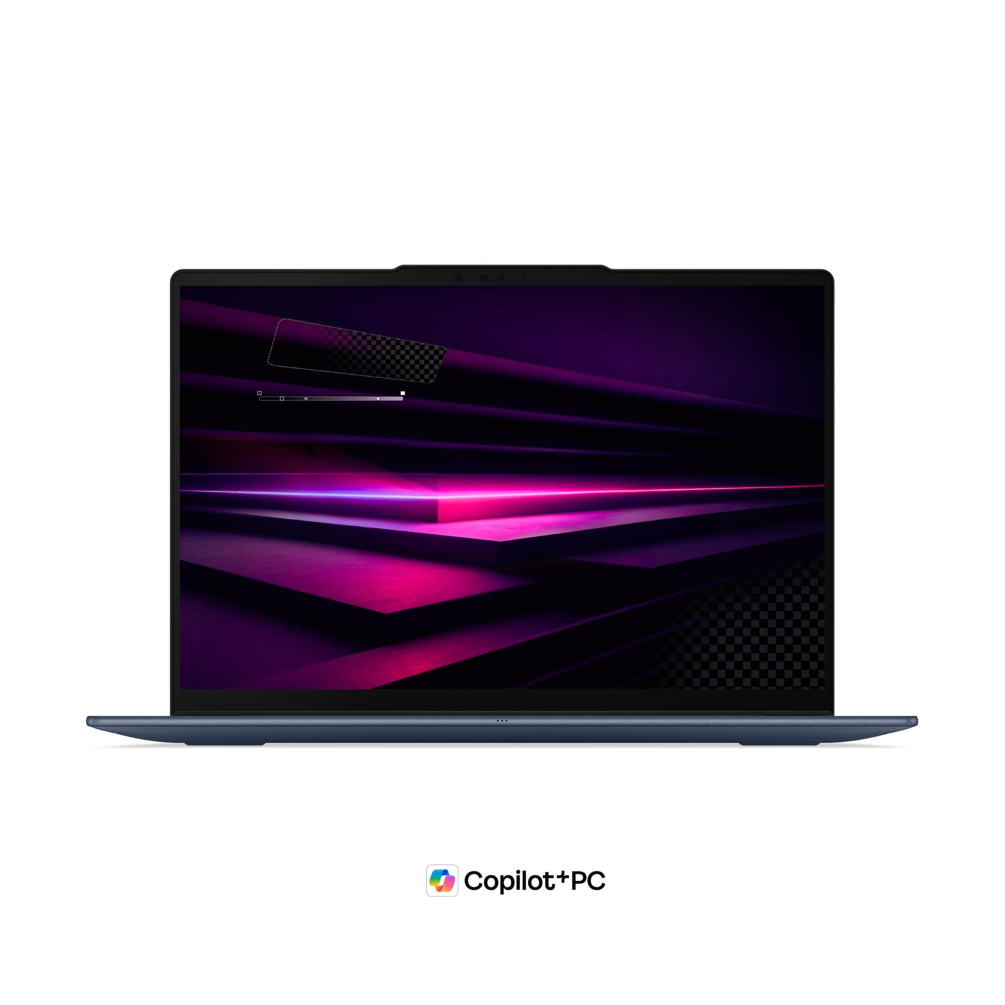 Vista frontale di un laptop blu con schermo colorato e logo Copilot+ PC.