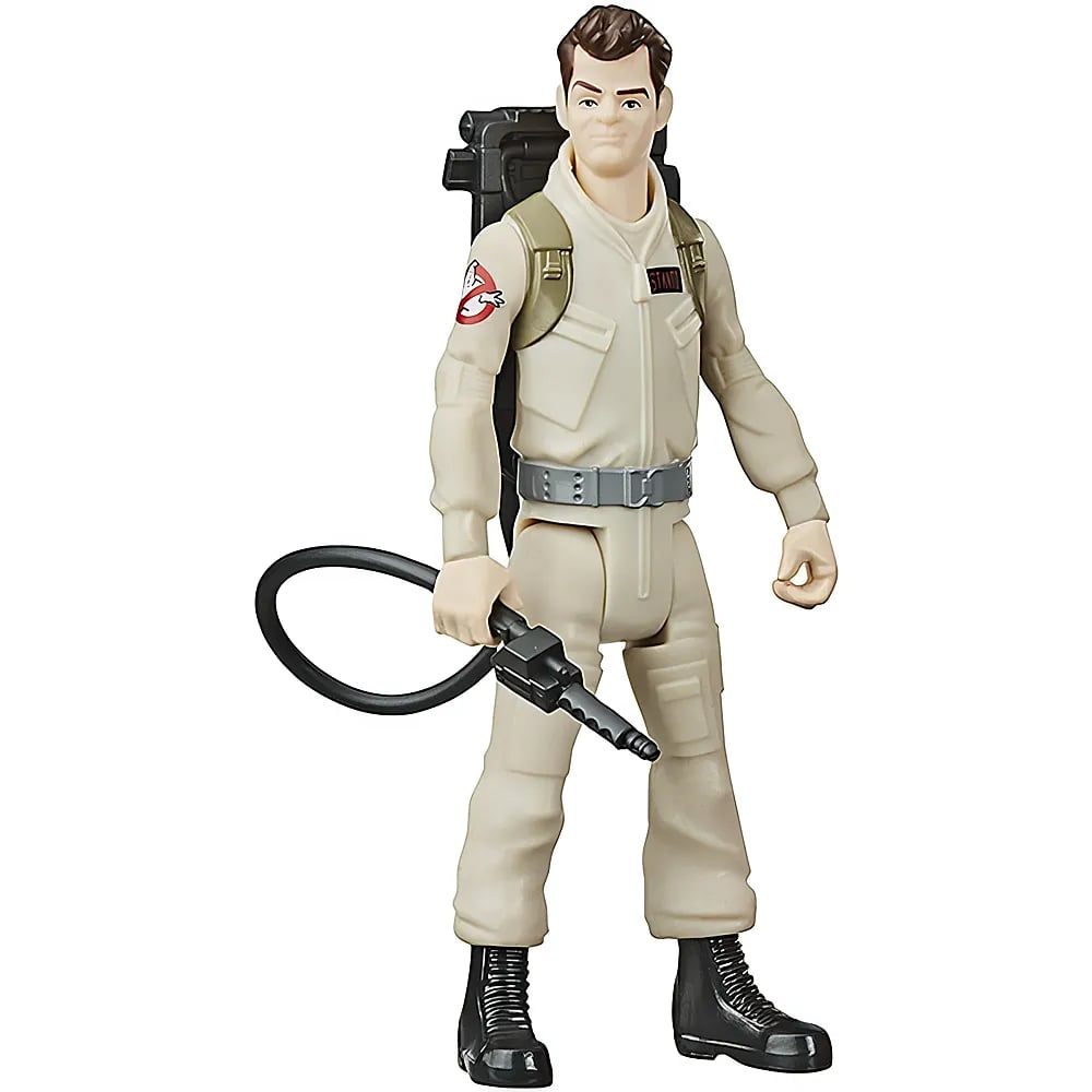 Eine Ghostbusters-Actionfigur in einem hellen Overall trägt eine Protonenpackung auf dem Rücken und hält eine Waffe.