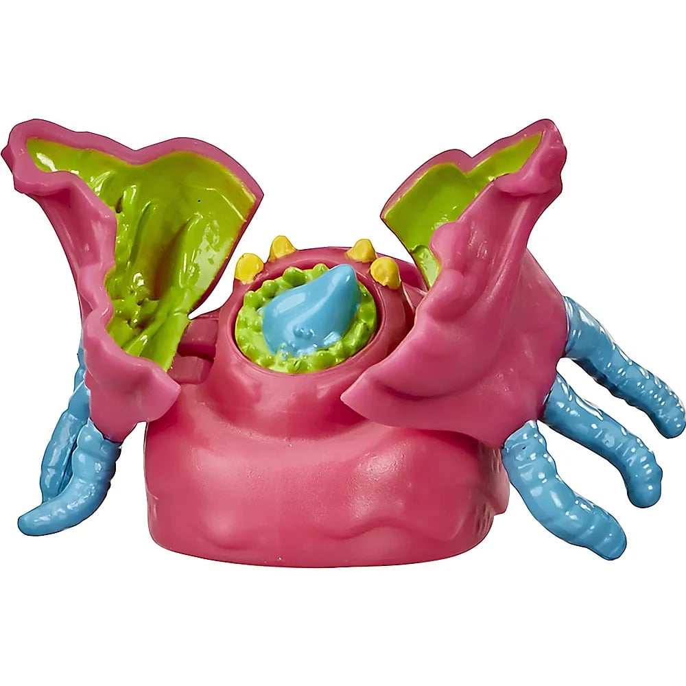 Ein pinkfarbenes und blaues Alien-Spielzeugmonster öffnet seine Hülle mit blauen Tentakeln.