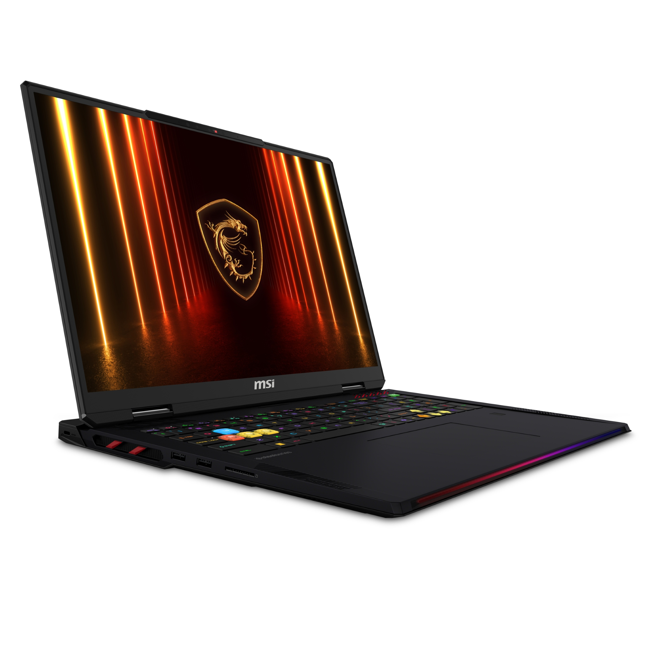 Un computer portatile da gioco MSI nero con un logo a scudo di dragone luminoso sullo schermo e tastiera retroilluminata.