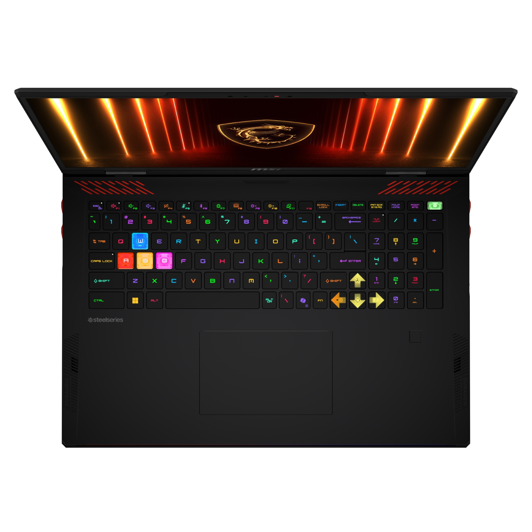 Un laptop nero con tastiera RGB retroilluminata e uno schermo che mostra un motivo di luce rosso e arancione.