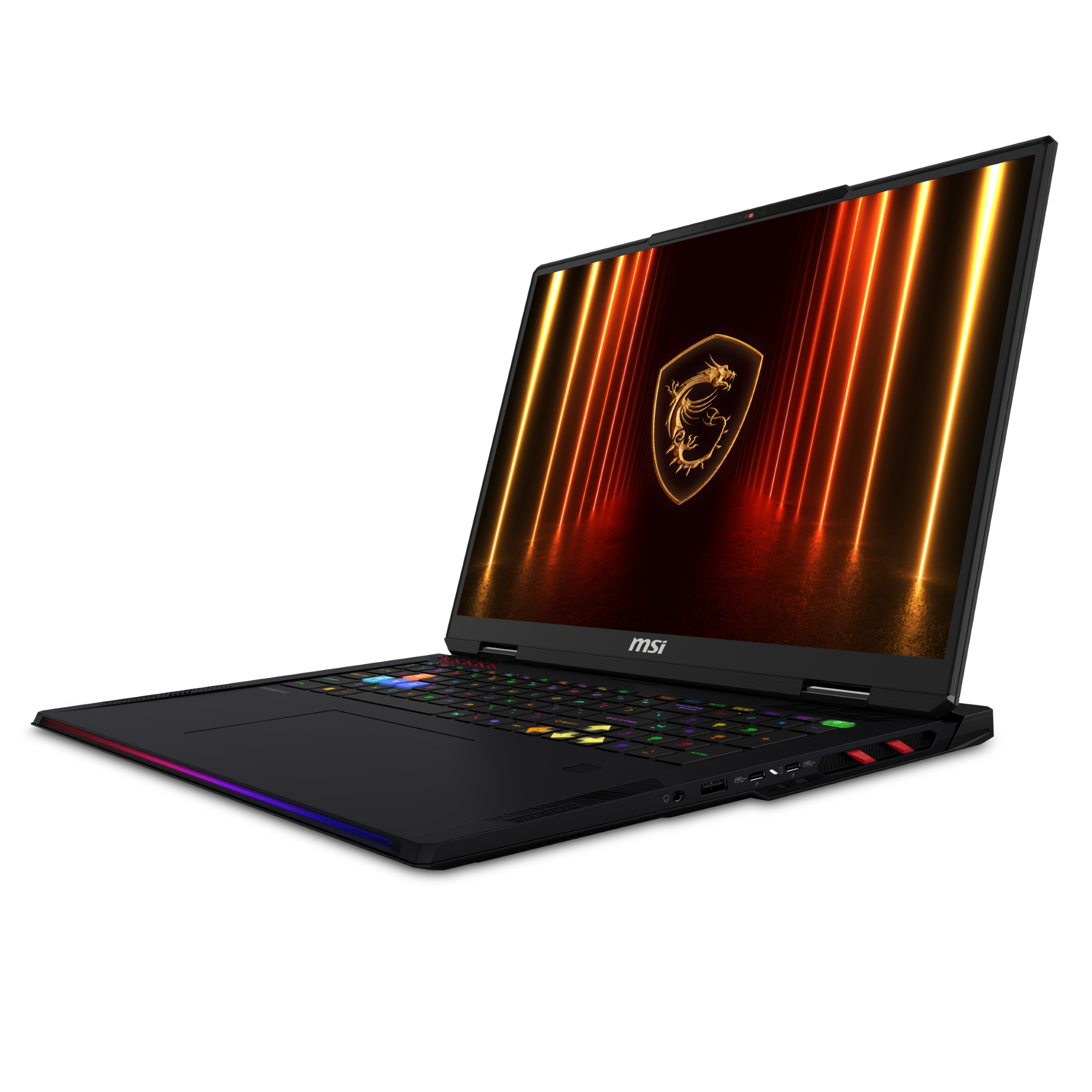 Un laptop da gioco MSI nero con tastiera retroilluminata colorata e logo del drago sullo schermo.