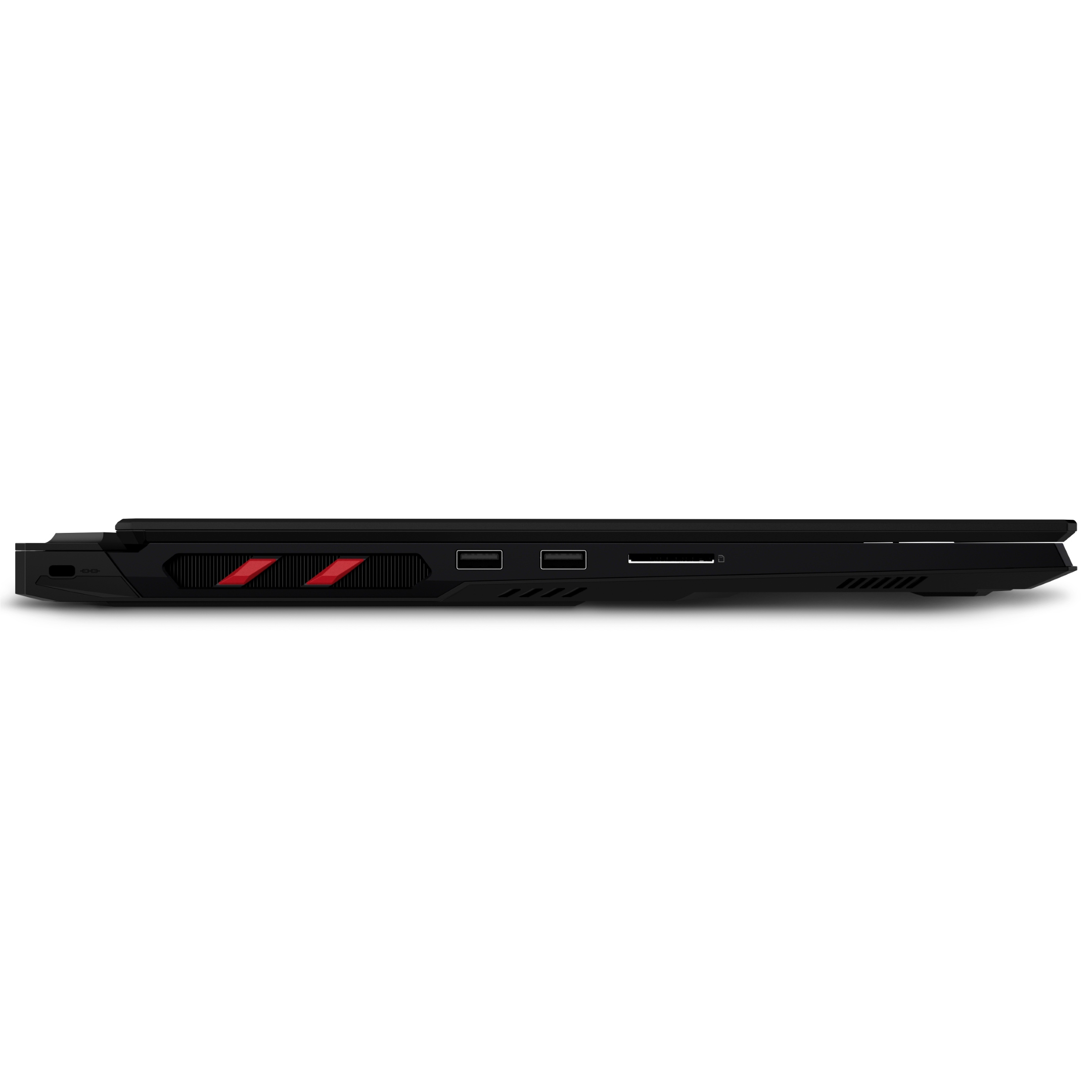 Vista laterale sinistra di un laptop da gioco nero con dettagli rossi, porte USB e griglie di ventilazione.