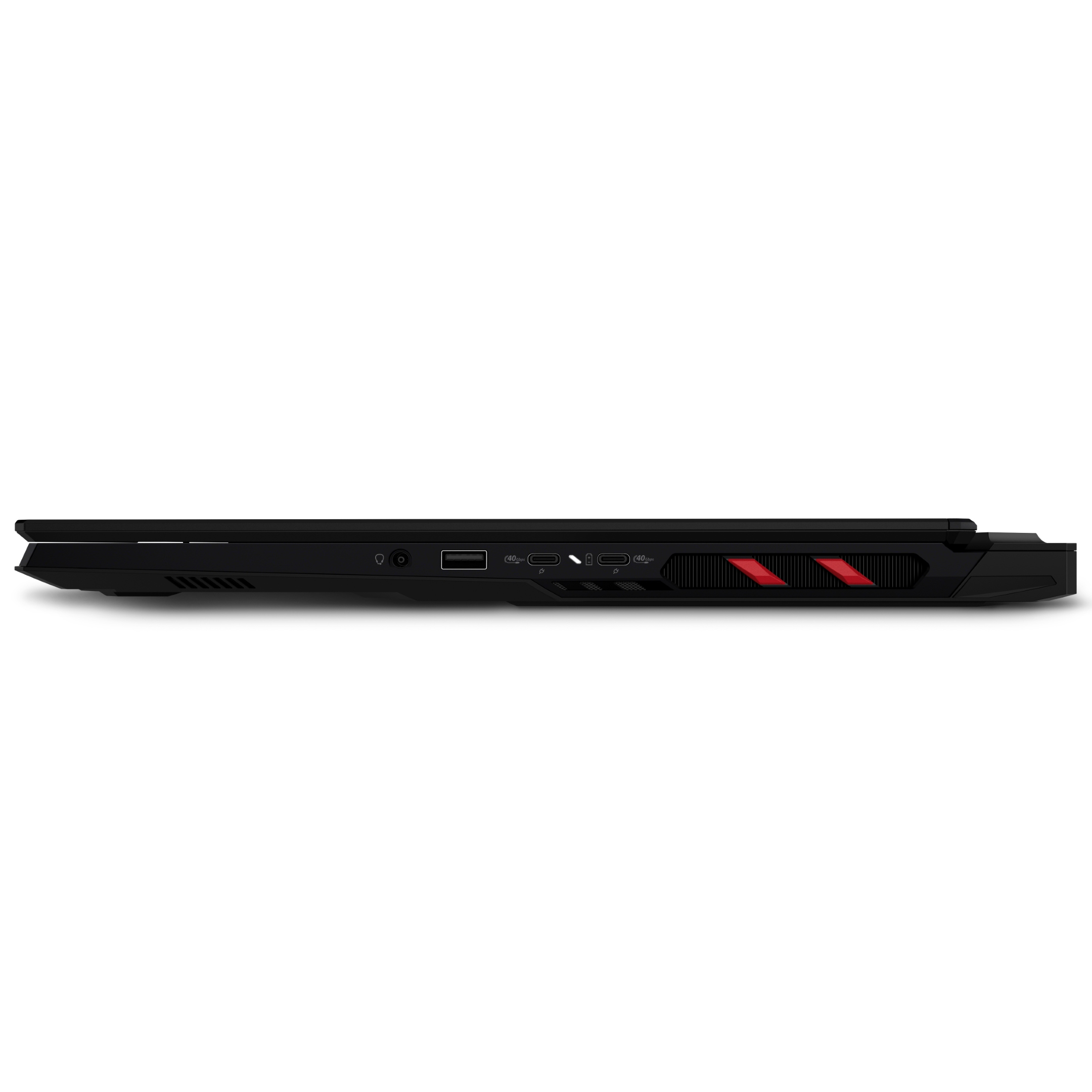 Vista laterale di un laptop nero che mostra porte e dettagli di design rossi.