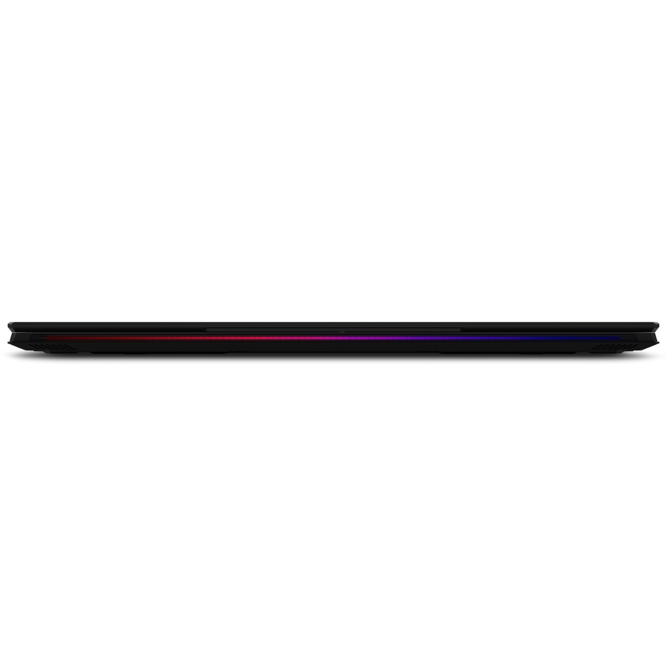 Vista frontale di un laptop nero chiuso con una sottile striscia LED RGB luminosa sul bordo anteriore.
