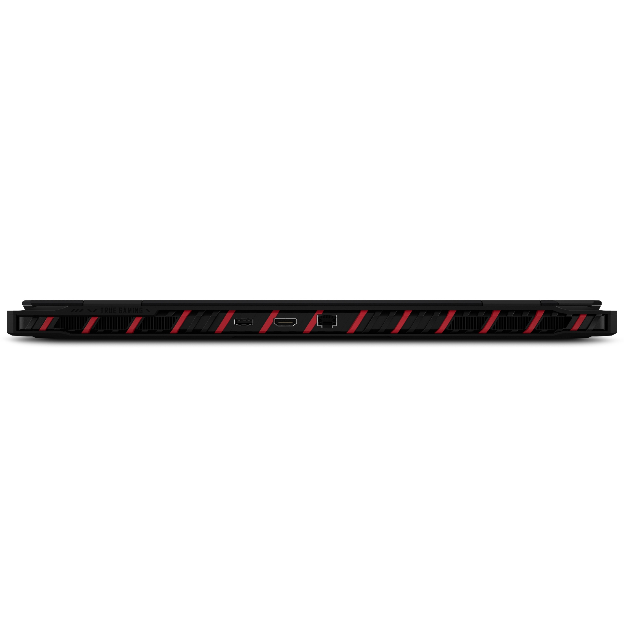 Vista posteriore di un laptop nero con strisce rosse e porte centrali.
