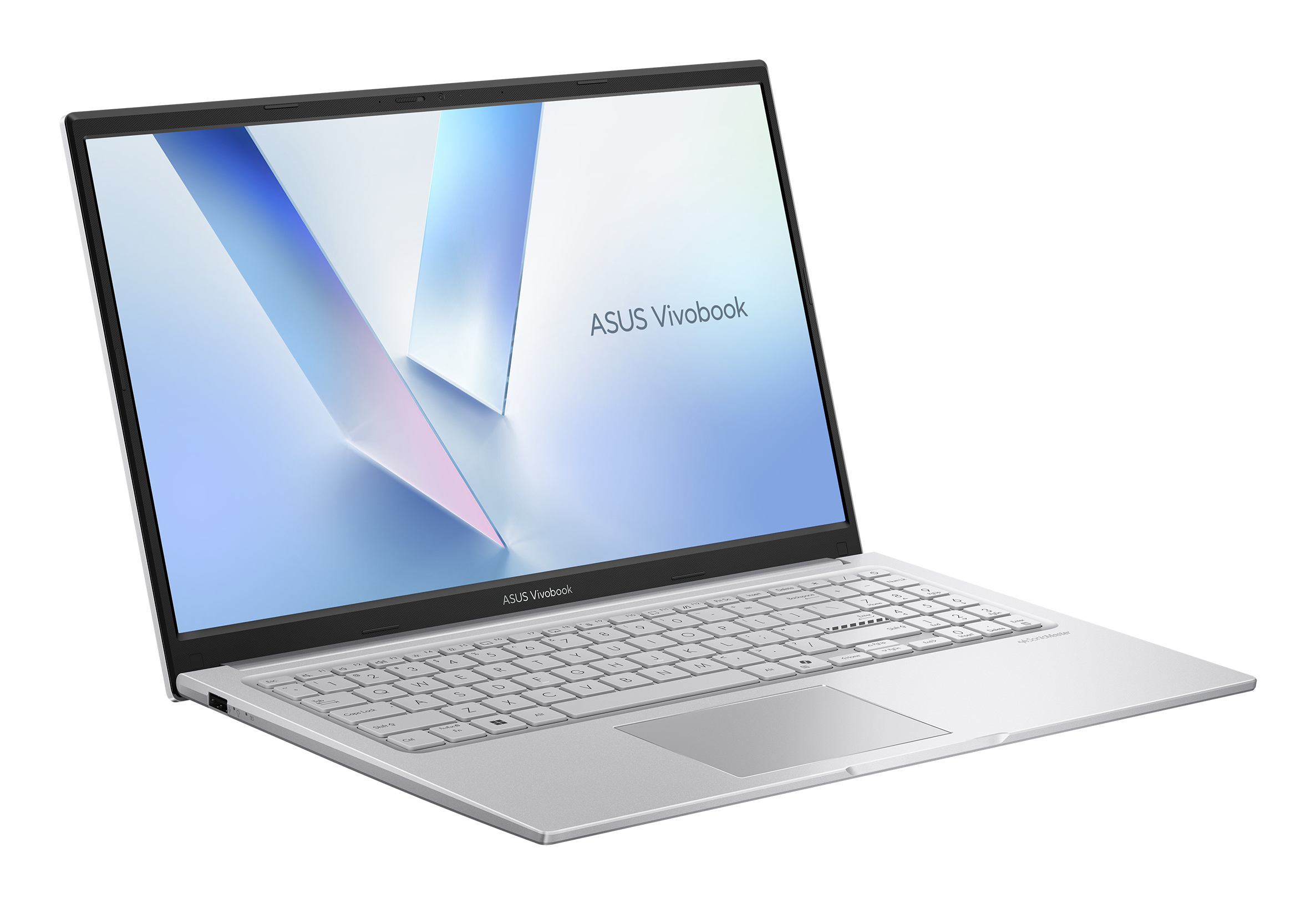 Un computer portatile ASUS Vivobook argento aperto su sfondo bianco con schermo blu astratto.