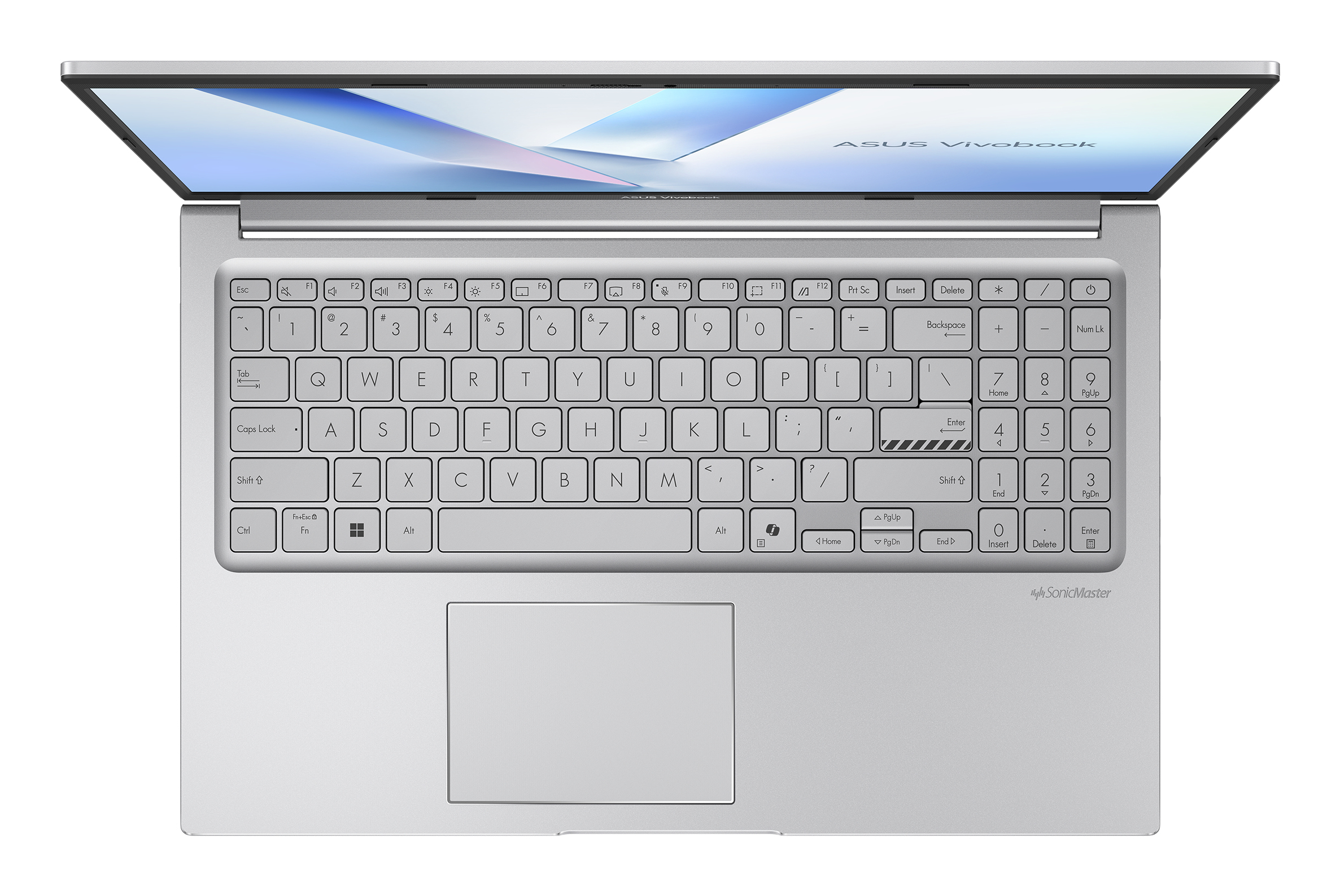 Vista dall'alto di un laptop Asus Vivobook grigio argento aperto con tastierino numerico.