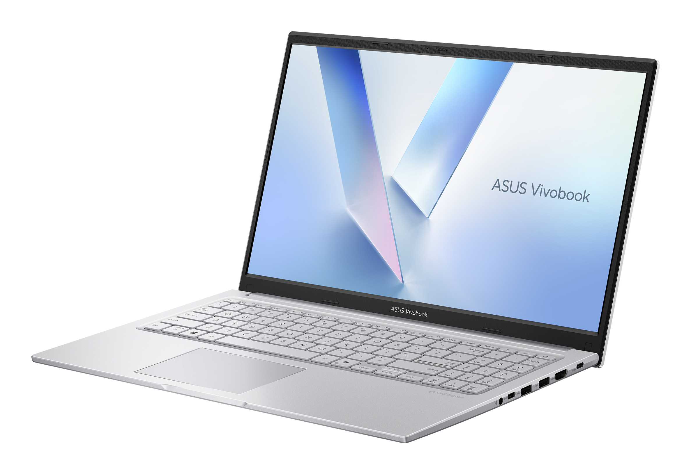 Un laptop ASUS Vivobook argentato aperto con uno schermo blu su sfondo bianco.