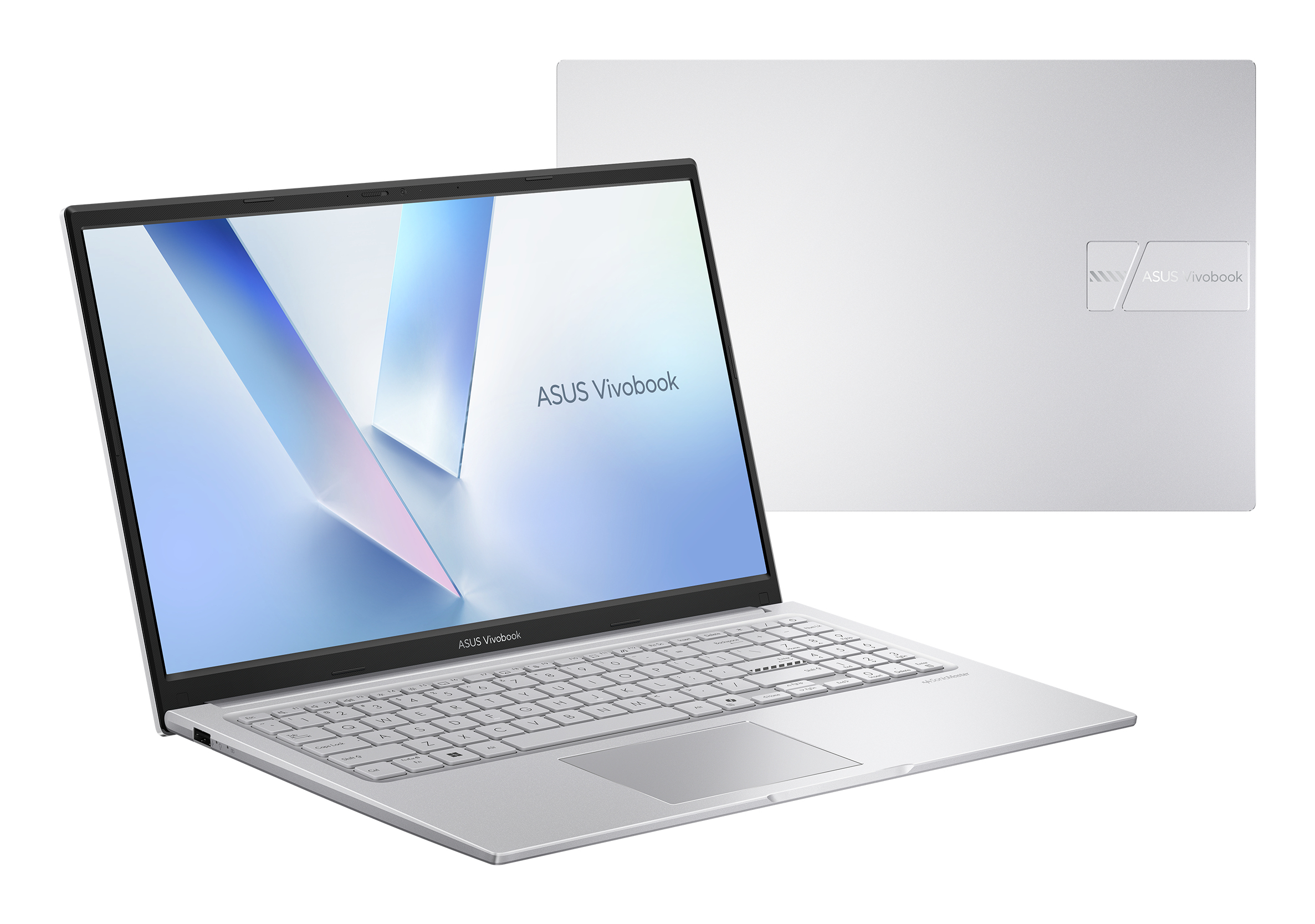 Laptop argentato ASUS Vivobook con schermo aperto e vista chiusa sullo sfondo su sfondo bianco.