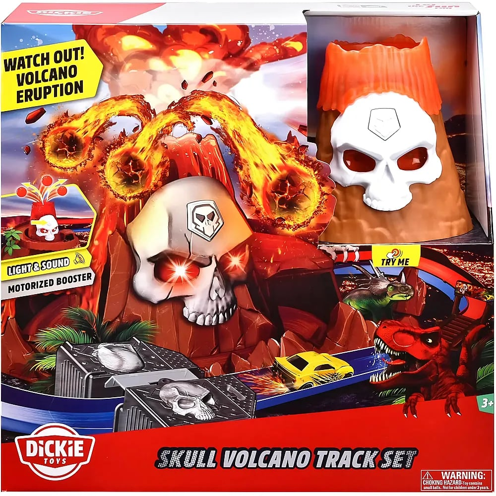 Caja de un juego de pista Skull Volcano con calavera, volcán, coches y dinosaurios.