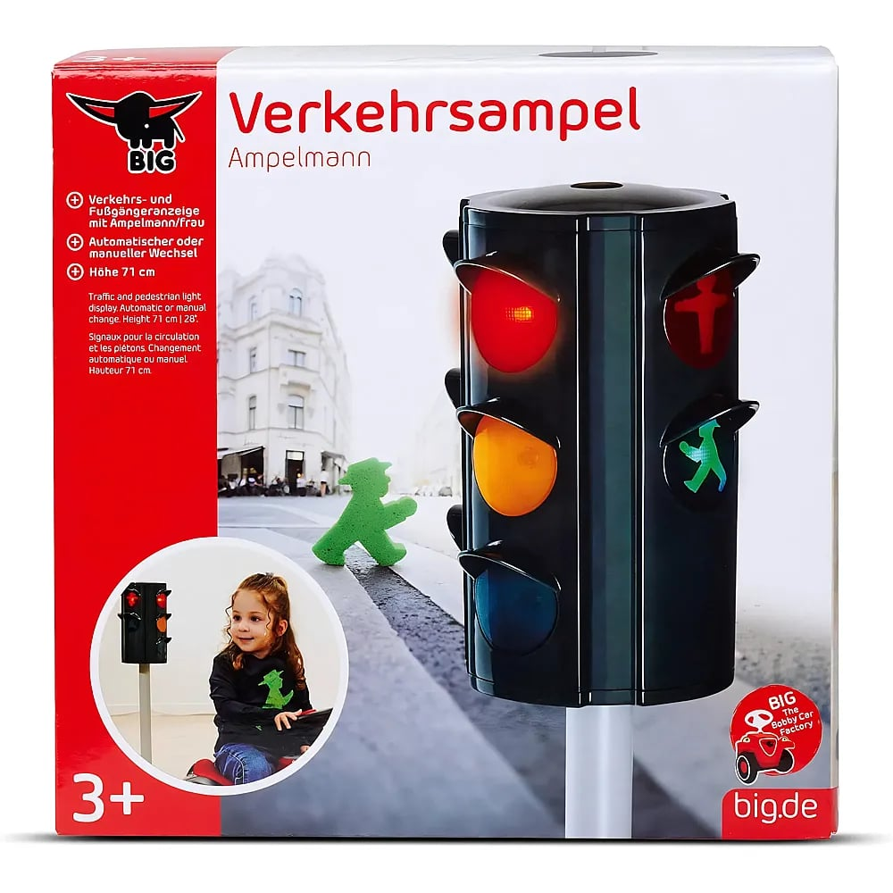 Verpackung einer Kinder-Spielzeugampel mit rotem, gelbem und grünem Licht sowie Bildern von Kindern.