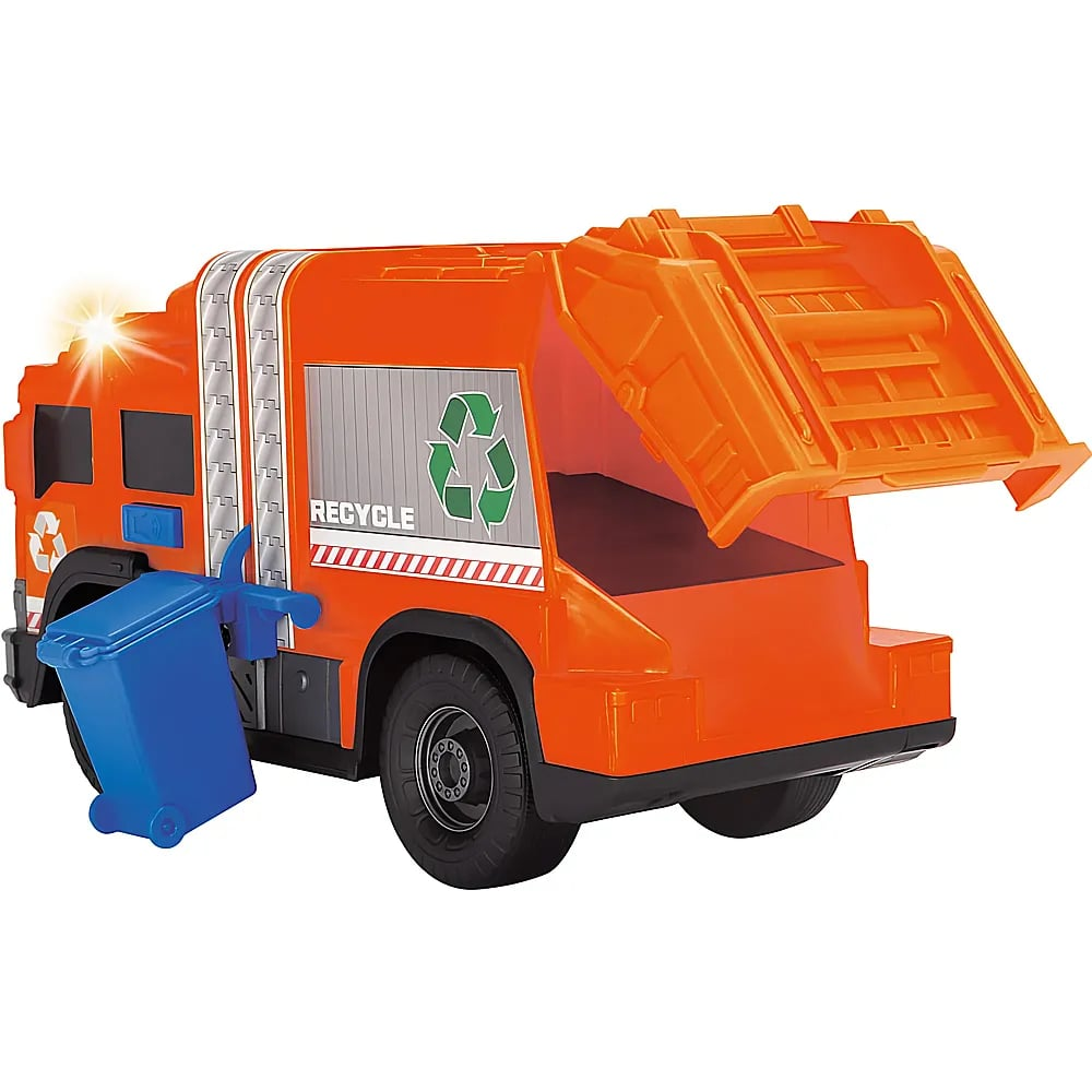 Ein orangefarbenes Spielzeug-Müllfahrzeug mit einer blauen Tonne an der Seite und offener Heckklappe.