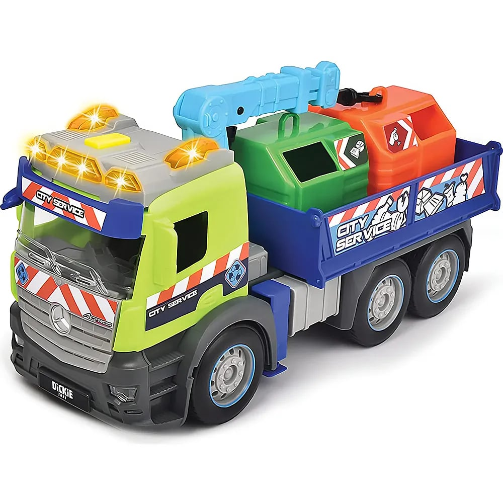 Ein buntes Spielzeug-Müllauto mit Blinklichtern, das einen blauen Kran und grüne sowie orange Tonnen transportiert.