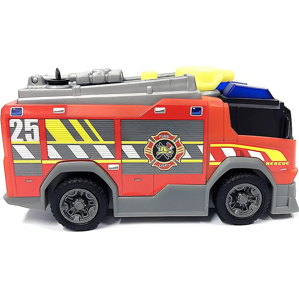 Ein rotes Spielzeug-Feuerwehrauto mit grauen und gelben Akzenten, einem Feuerwehr-Logo und schwarzen Rädern.