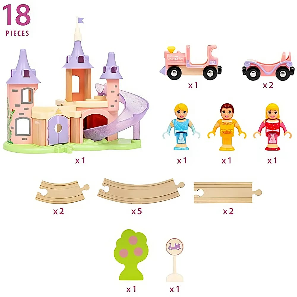 18-teiliges Prinzessinnenschloss-Spielset aus Holz mit Puppen, Zug, Schienen und Zubehör.