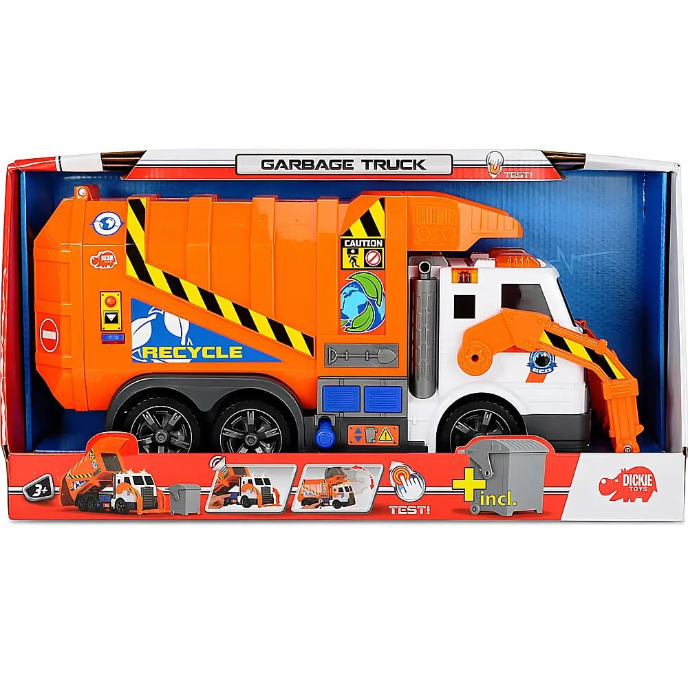 Un camion poubelle jouet orange et blanc avec des autocollants dans une boîte colorée.
