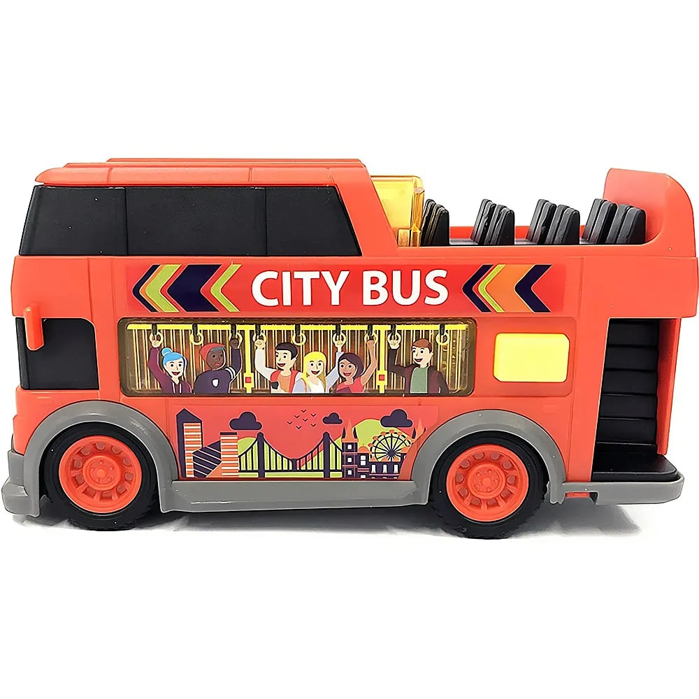 Ein roter Doppeldecker-Spielzeugbus mit City-Bus-Aufschrift, Fahrgästen im Fenster und offenem Oberdeck.