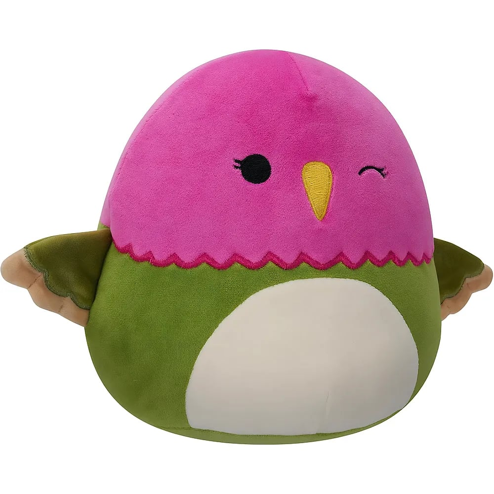 Ein runder Plüschvogel mit pinkem Kopf, grünem Körper, gelbem Schnabel und ausgestreckten Flügeln auf weißem Hintergrund.