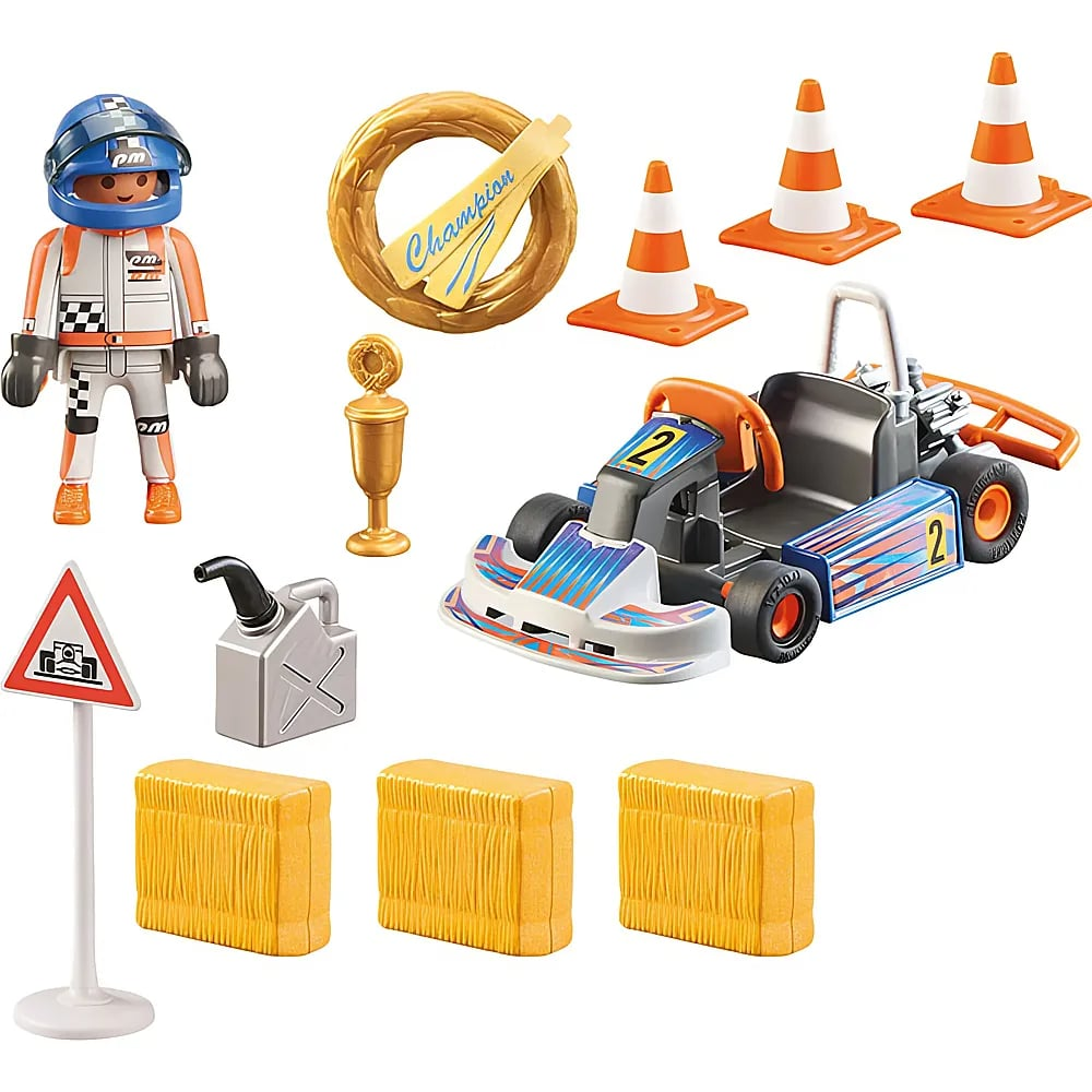 Sürücü, mavi go-kart, altın kupa, çelenk, turuncu dubalar ve saman balyaları içeren Playmobil go-kart oyuncak seti.
