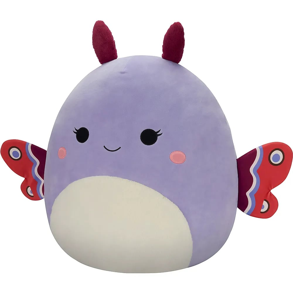 Ein violettes Plüschschmetterlingsspielzeug mit weißem Bauch, roten Fühlern und bunten Flügeln vor weißem Hintergrund.