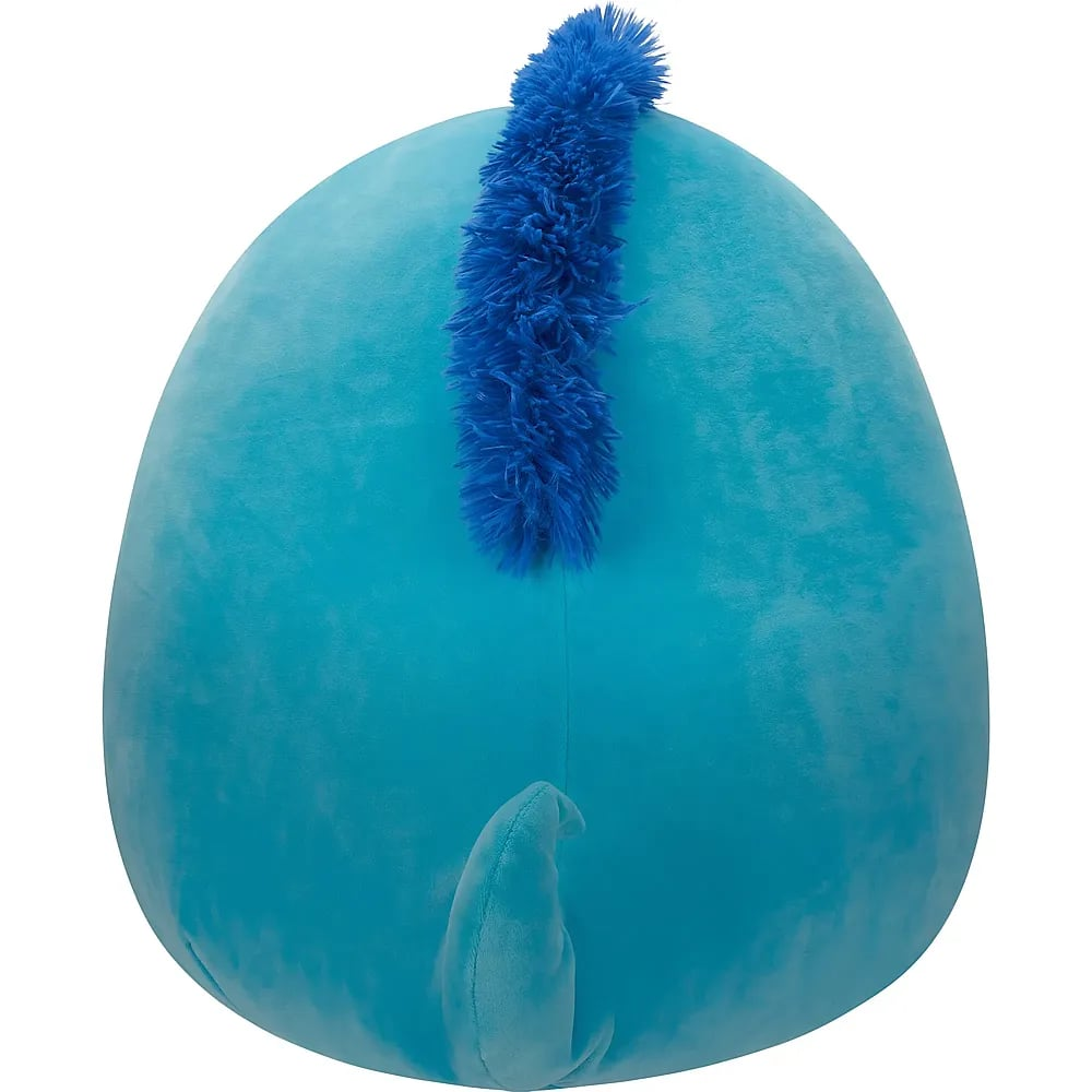 Rückansicht eines runden, blauen Plüschtiers mit buschigem blauen Kamm und kleinem Schwanz.