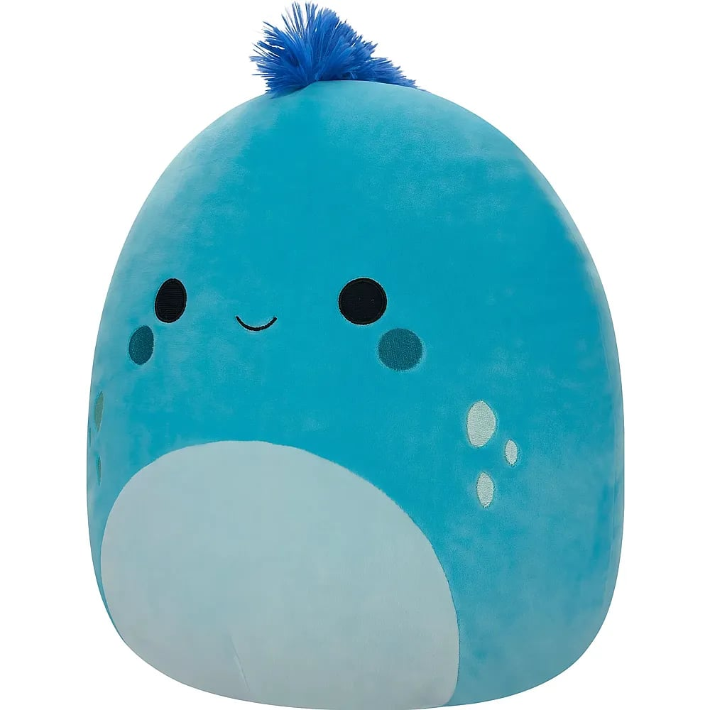 Ein rundes, blaues Plüschtier mit schwarzen Augen, lächelndem Mund und blauem Plüschbüschel oben.