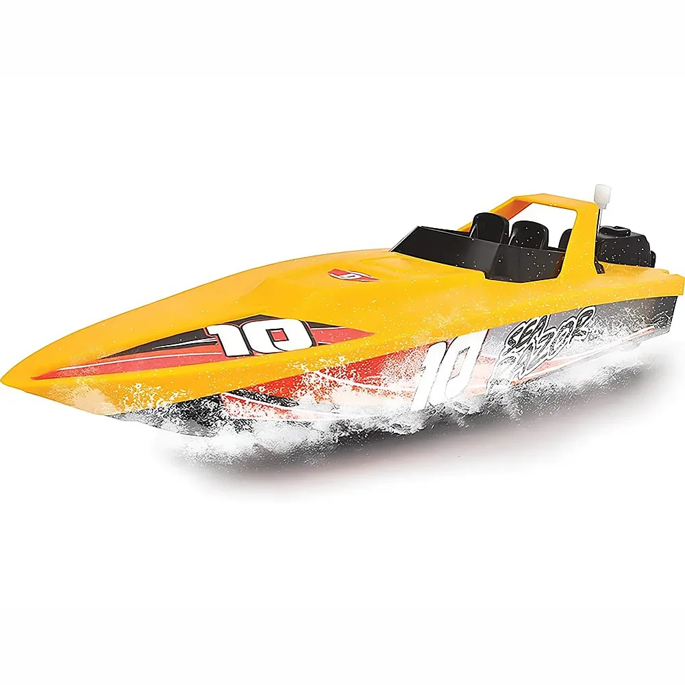 Ein gelbes ferngesteuertes Rennboot mit der Nummer 10 fährt über das Wasser und erzeugt Gischt.