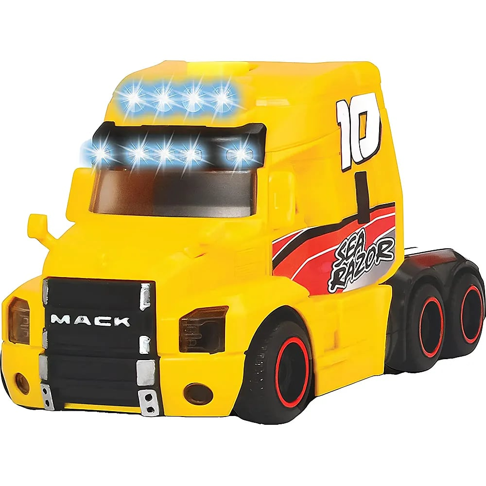 Gelber Mack-Spielzeuglastwagen mit leuchtenden Lichtern und der Nummer zehn an der Seite.