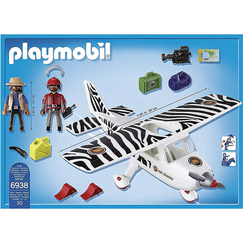 Playmobil Safari-Flugzeug Set mit zwei Figuren, Kamera, Koffer und Zubehör auf blauem Hintergrund.