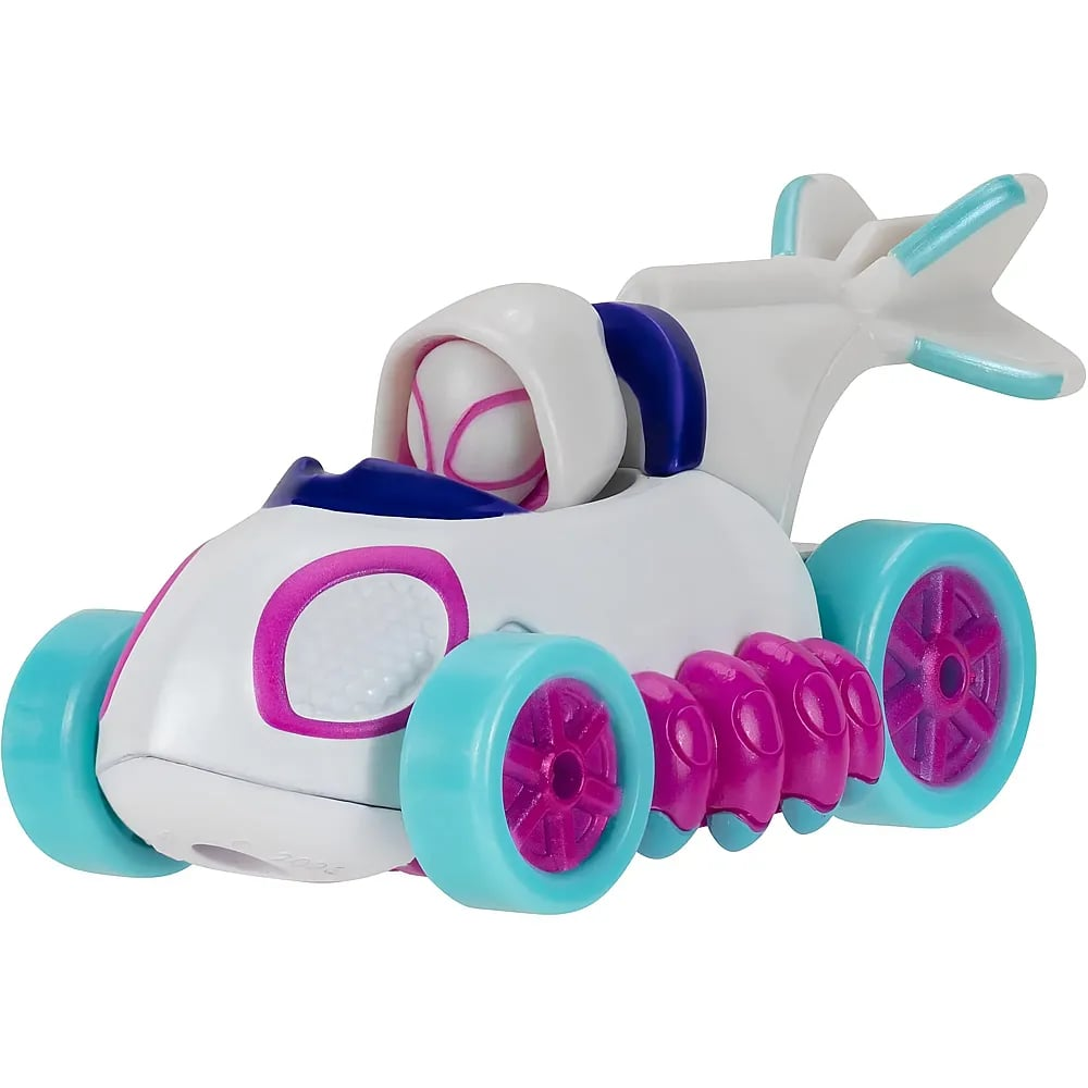 Coche de juguete blanco y morado con ruedas azul claro y un alerón grande, conducido por una pequeña figura.