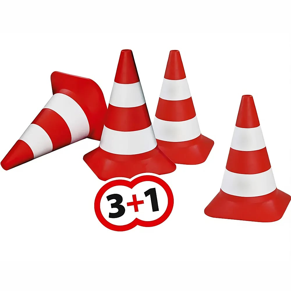 Vier rot-weiße Verkehrskegel mit einem 3+1 Angebotsschild.