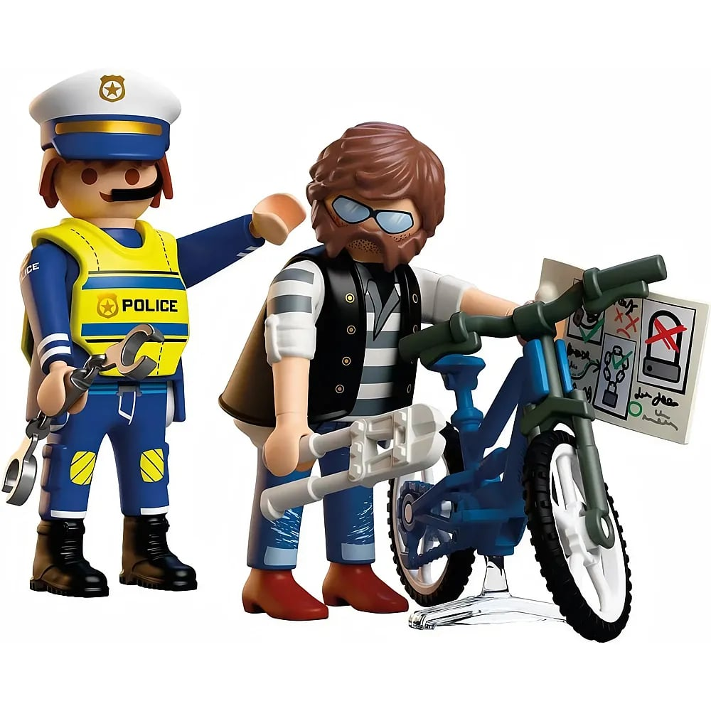 Un policía de Playmobil junto a un ladrón con bicicleta azul y herramientas.